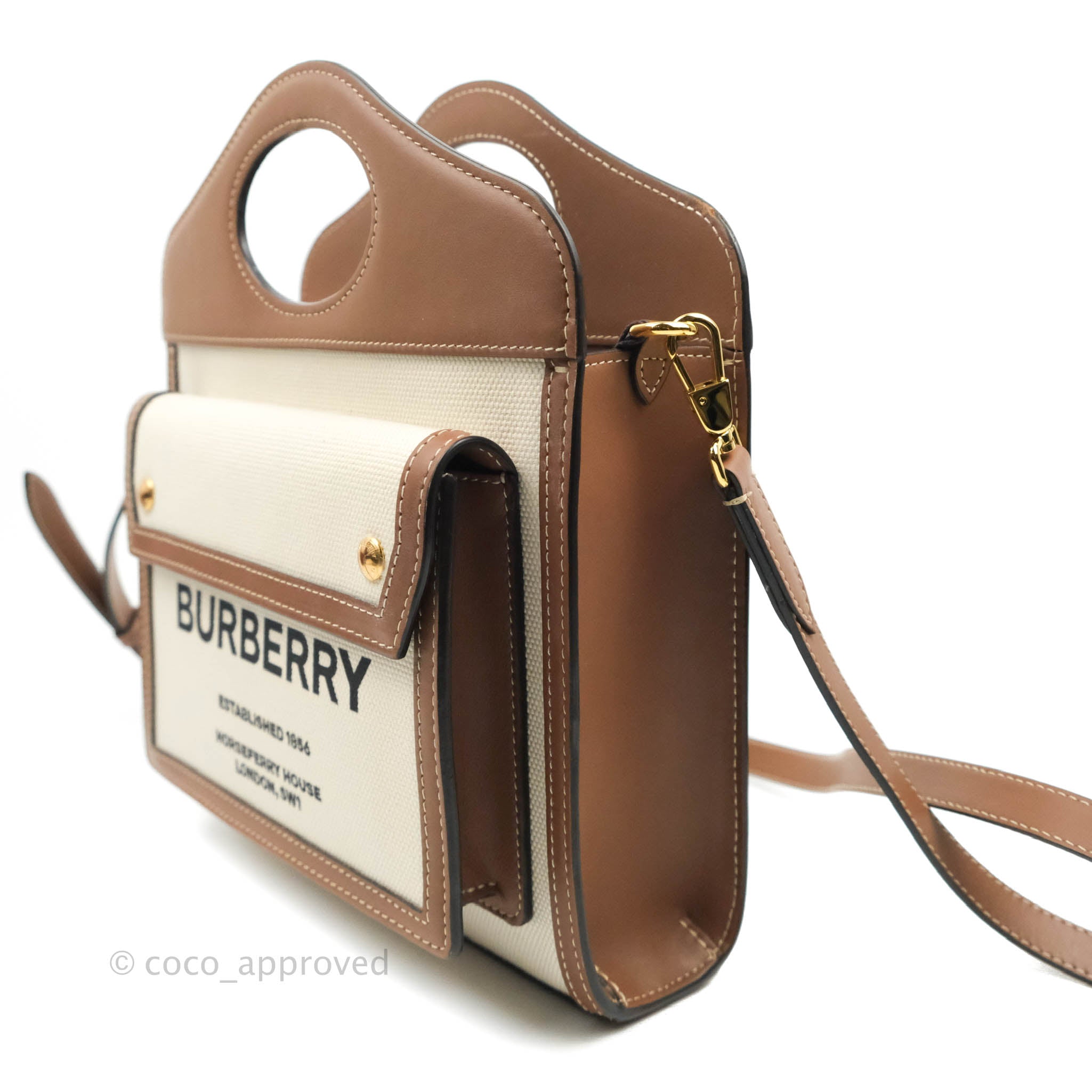 Burberry Smooth Calfskin Canvas Two Tone Mini Pocket Bag in Beige & Tan - Perfect for Everyday Use, Date Nights & Travel Accessories