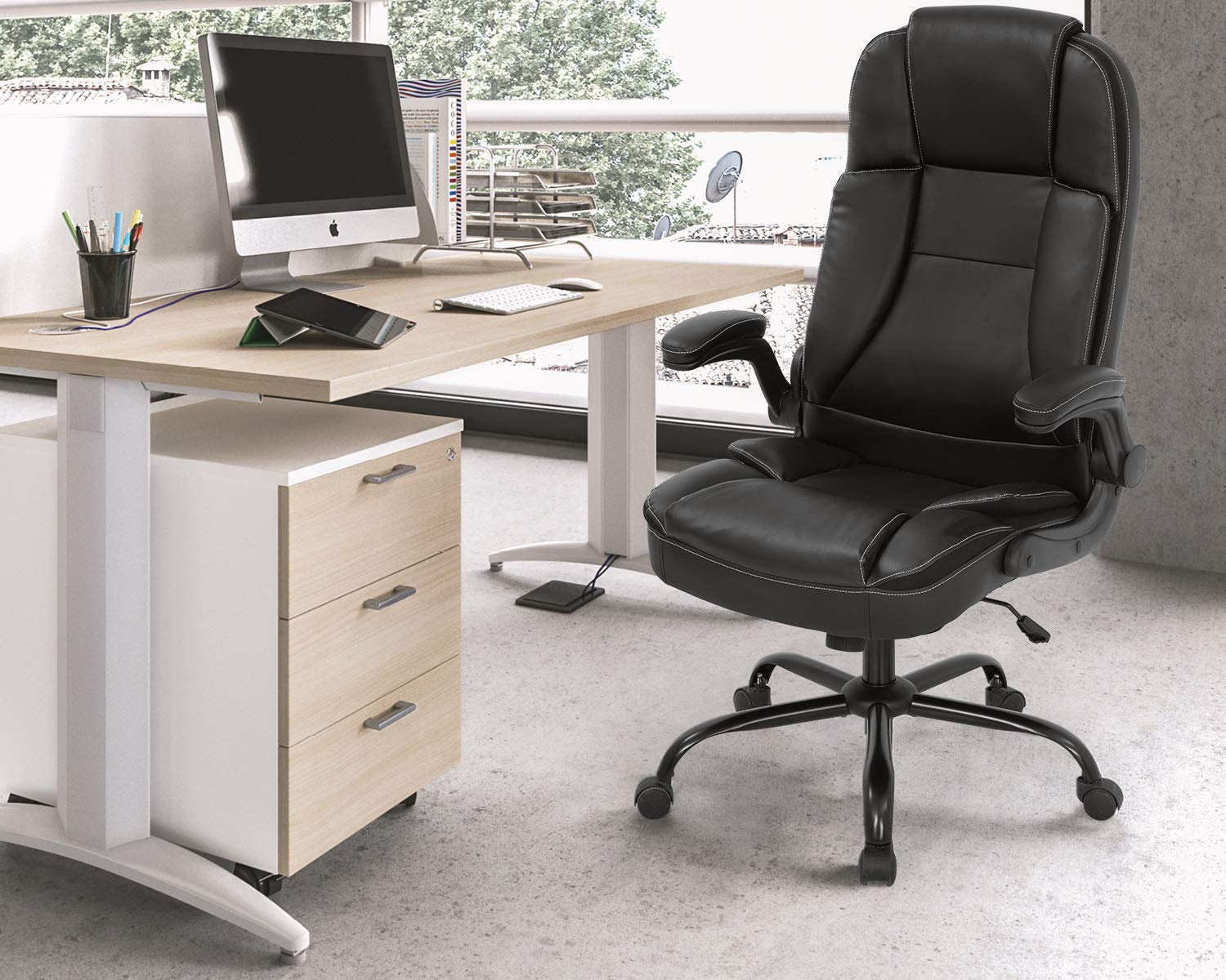 Ergonomic Office Chair with Lumbar Support - PU Leather Executive Desk Chair, Adjustable Flip-Up Armrests, Swivel Rolling Task Chair for Home & Office (Black) - Perfect for Long Work Hours, Gaming & Computer Use