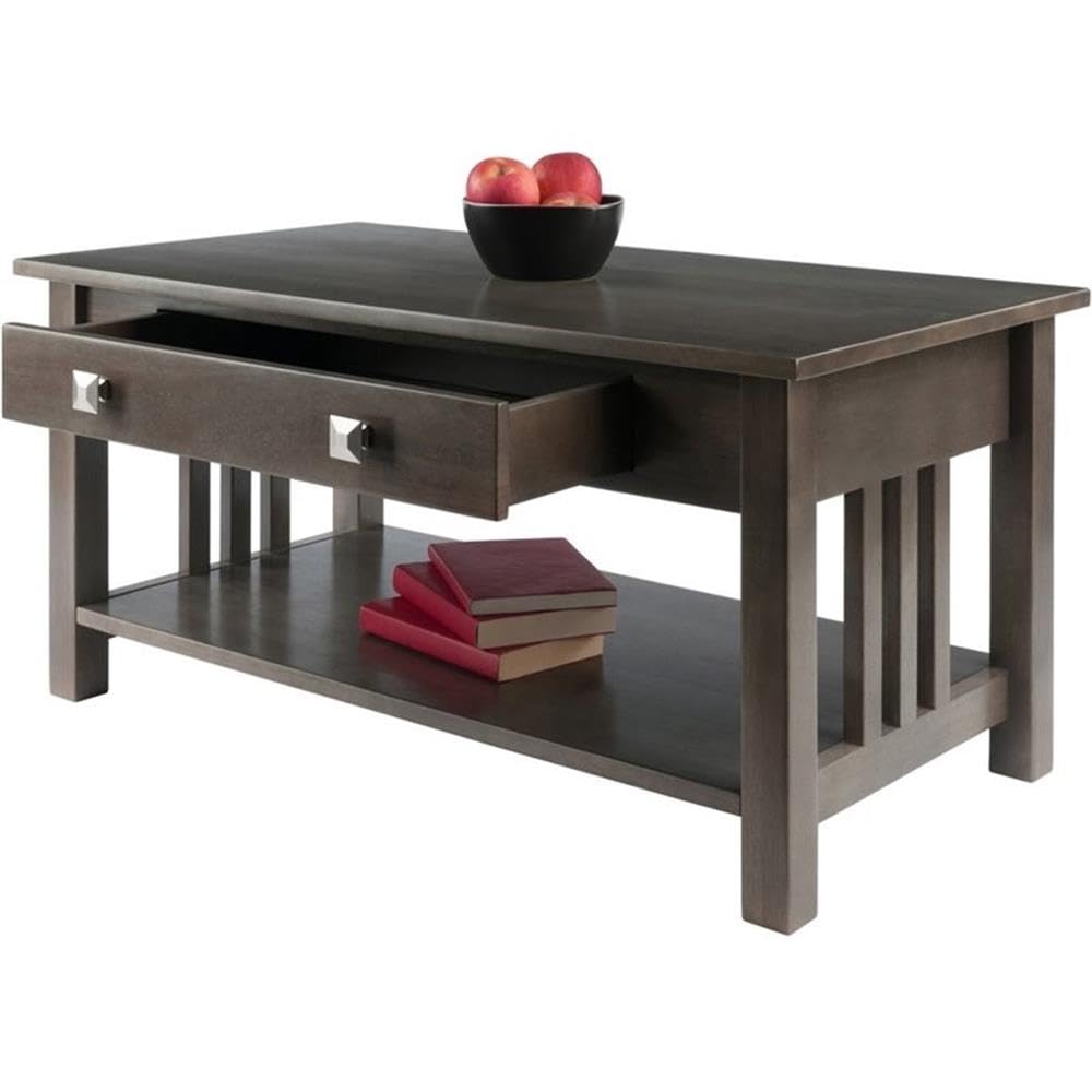 Pemberly Row Transitional Solid Wood Storage Coffee Table in Oyster Gray - Stylish Living Room Furniture with Hidden Storage for Remote, Magazines & Blankets