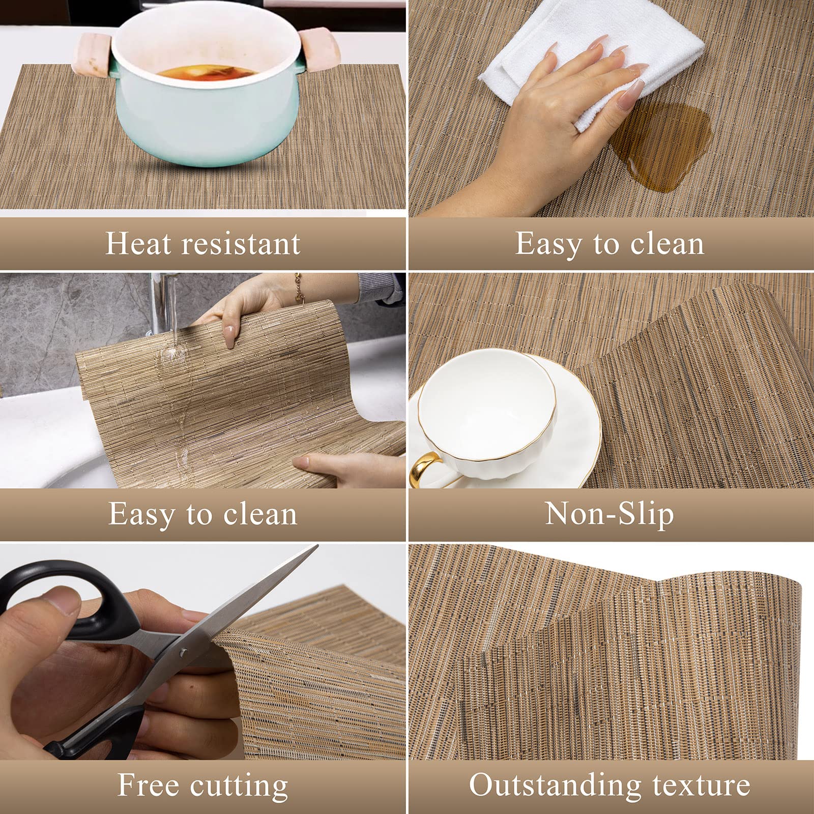 U'Artlines Heat-Resistant PVC Placemats Set of 6 - Stain Proof, Non-Slip, Washable Vinyl Table Mats for Dining Room, Kitchen & Outdoor Use (Beige)