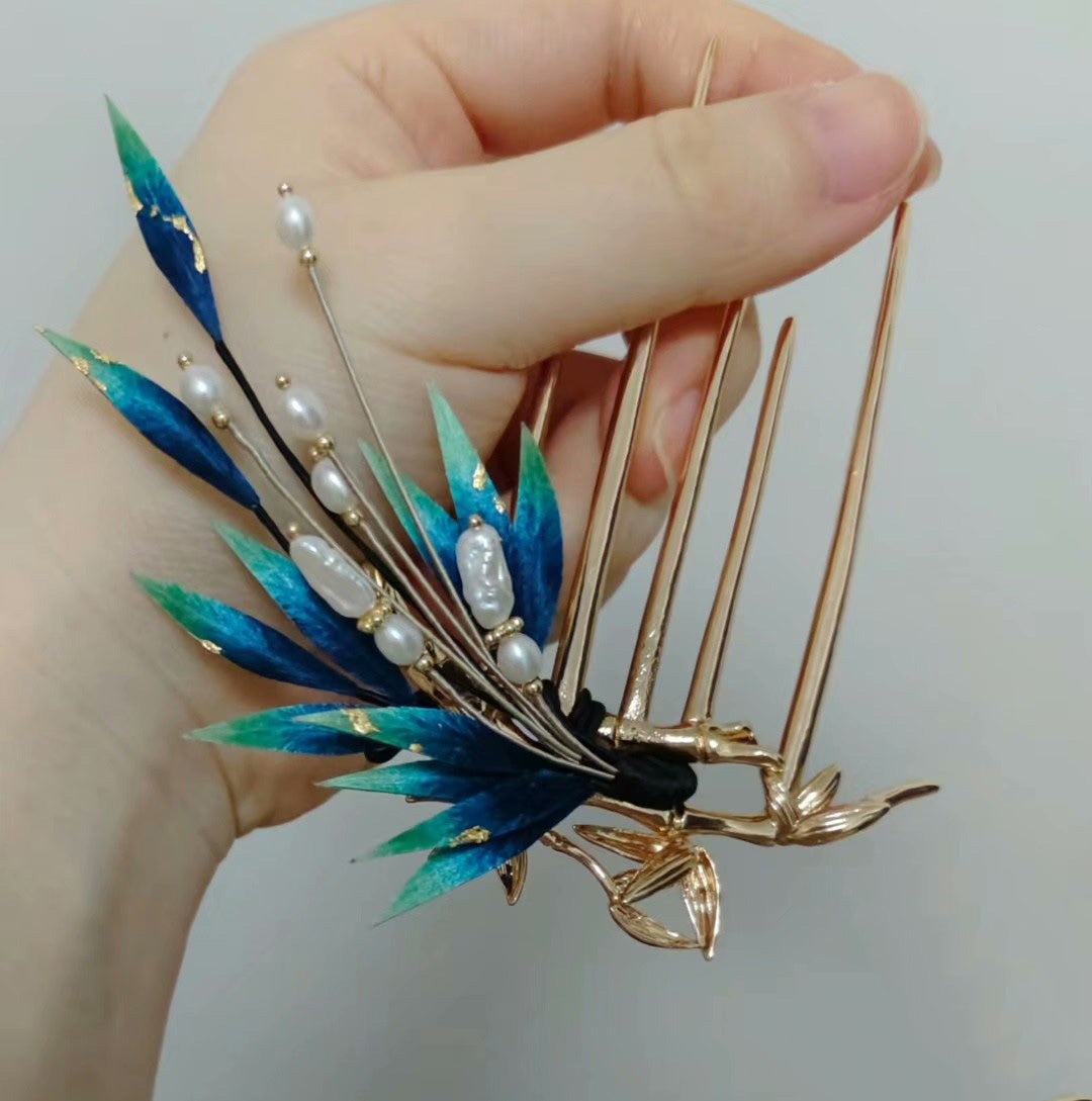 Exquisite Blue Leaves Silk Hairpin - Handcrafted Hair Accessory for Women (Ronghua) | Perfect for Weddings, Parties & Special Occasions