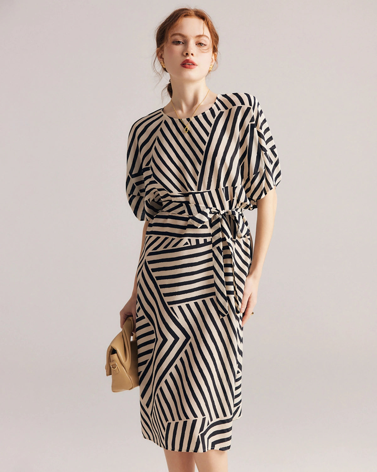 Elegant Women's Striped Belted Silk Dress - Perfect for Office, Party & Special Occasions | Flattering Fit & Comfortable Fabric