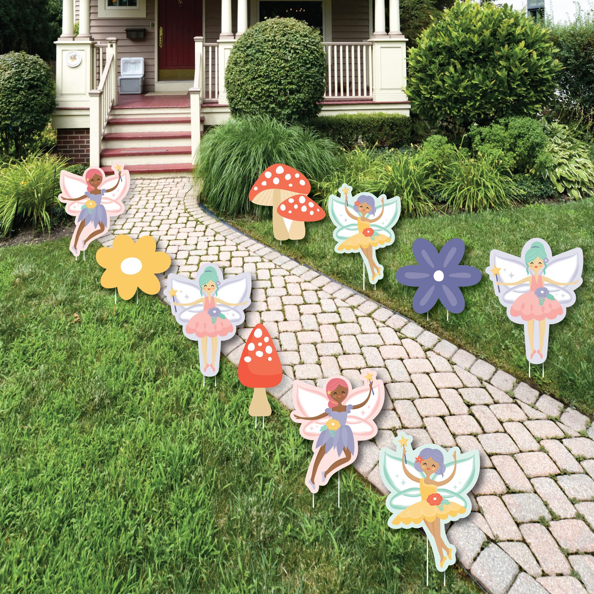 Big Dot of Happiness Let’s Be Fairies - 10-Piece Outdoor Fairy Garden Decor Set with Flowers & Mushrooms for Birthday Parties, Lawn & Yard Decorations | Perfect for Garden Themed Events, Kids Birthday Decor & Magical Backyard Displays