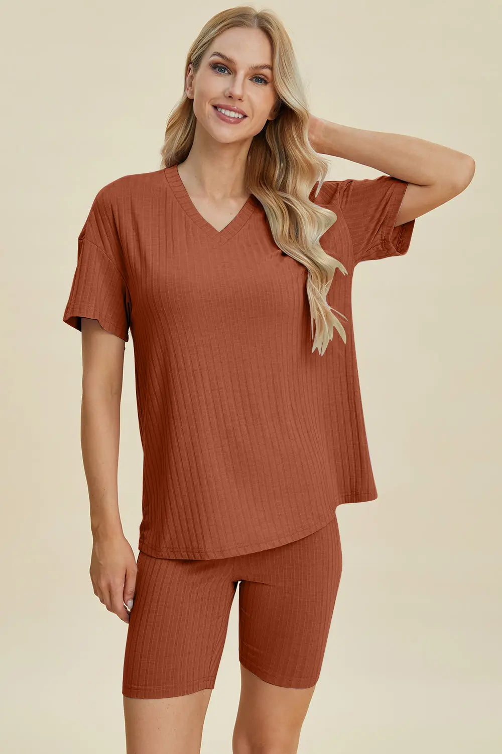 Basic Bae Full Size Ribbed V Neck Short Sleeve Top and Shorts Set - Women's Casual Summer Outfit for Beach, Lounge & Everyday Wear