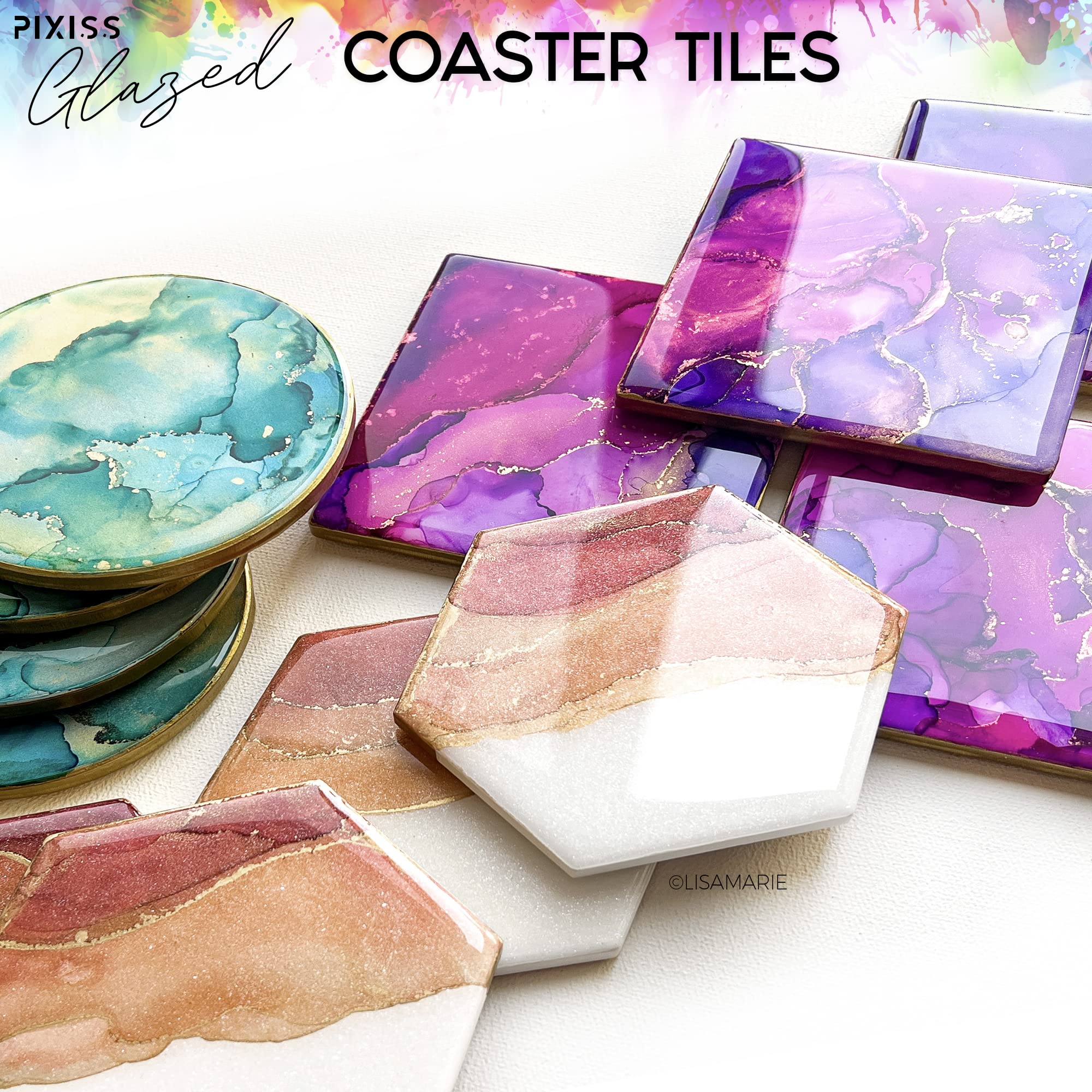 Pixiss 100-Pack 4x4 Inch Glazed Ceramic Coasters with Cork Backings - DIY Blank Square Tiles for Alcohol Ink, Acrylic Pouring & Painting - Perfect for Home Decor, Craft Projects & Party Supplies