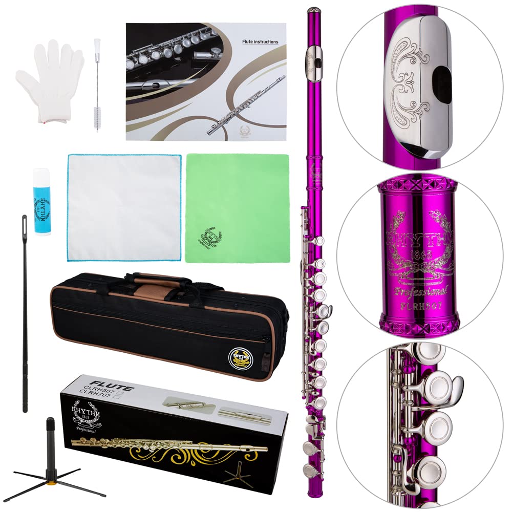 16 Keys C Flute with Engraved Flower Design - Closed Hole Student Flute for Beginners | Includes Cleaning Kit, Stand, Carrying Case, Gloves & Tuning Rod | Perfect for School Band, Music Practice & Gift (Pink)