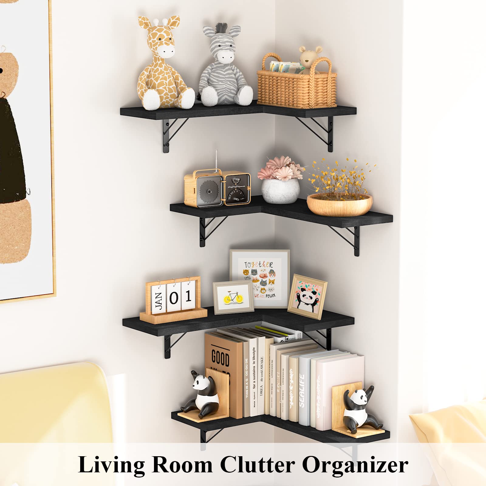 Love-KANKEI Floating Corner Shelf Set of 4 - Rustic Wall Mounted Storage Shelves for Bathroom, Kitchen, Bedroom & Living Room - Black Wooden Display Shelves for Home Decor & Organization