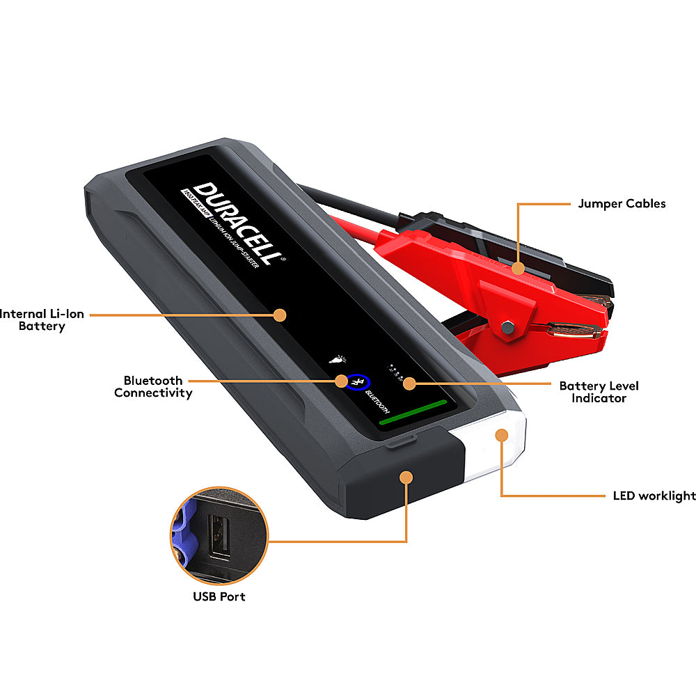 Duracell DRLJS180B 1800A Portable Jump Starter with Bluetooth, USB Power Bank & LED Flashlight - Emergency Car Battery Booster for Trucks, SUVs, RVs - Perfect for Roadside Assistance & Outdoor Adventures