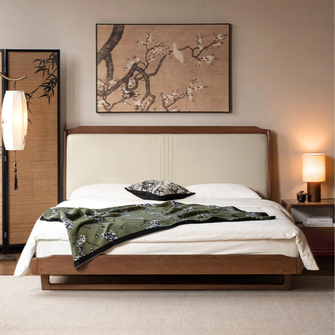 Solid Oak Wood Leather Upholstered Soft Bed - Queen Size Bed Frame with Tufted Headboard for Bedroom, Guest Room & Master Suite