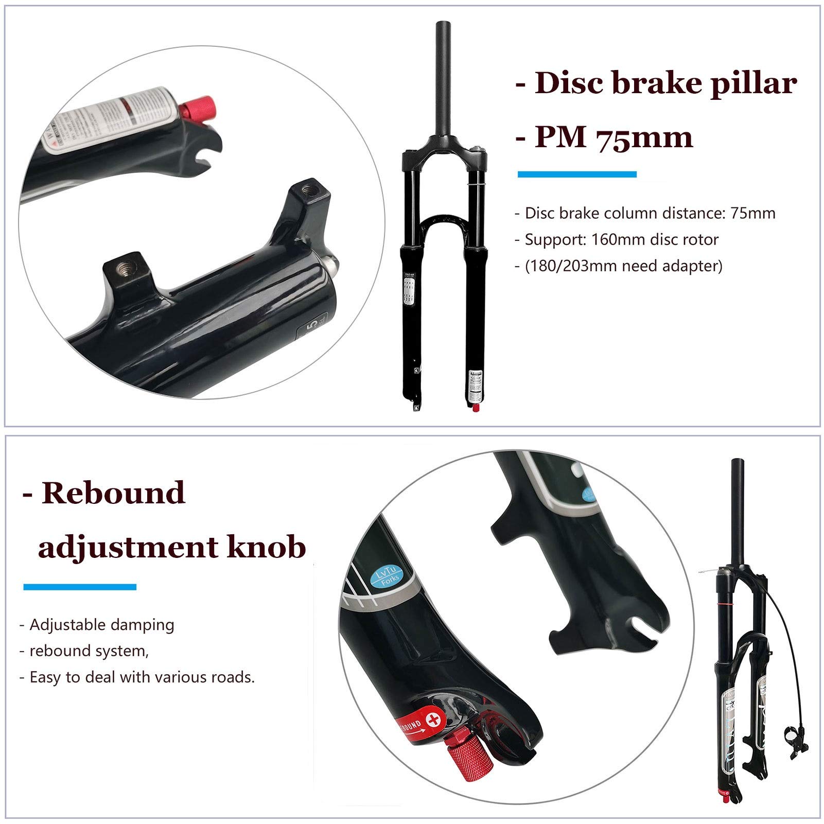 **Mountain Bike Air Suspension Front Fork - 26/27.5/29 Inch, 140mm Travel, Rebound Adjust, QR 9mm, Black (Straight Manual Lock Out) - Perfect for Trail Riding, Downhill & Cross-Country Biking**
