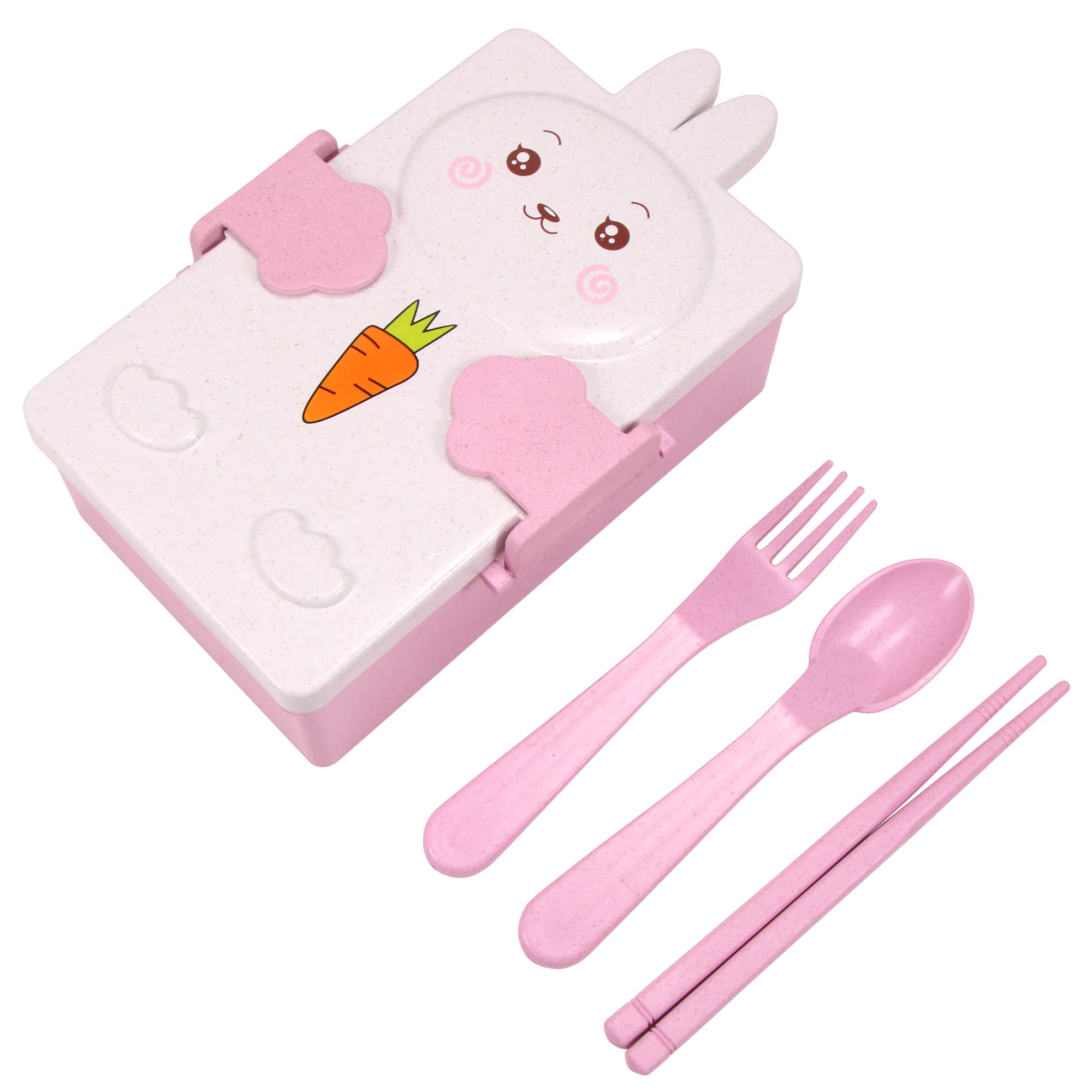 BA-BOLING Cute Kids Lunch Box - 3 Compartment Bento Box for School, Travel & Picnics | Leak-Proof Food Storage Container with Lid, Fork, Chopsticks & Spoon | Ideal for Boys & Girls (Pink)