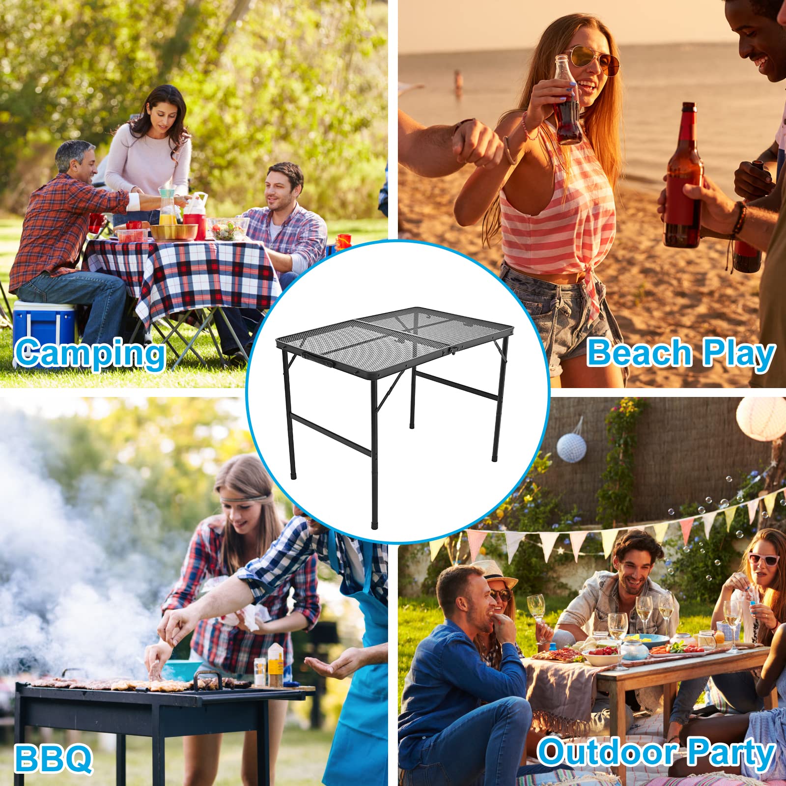 Portable Folding Camping Table with Adjustable Height & Mesh Desktop - Lightweight Picnic Table for Outdoor BBQ, Tailgating, Beach & Backyard (23.6