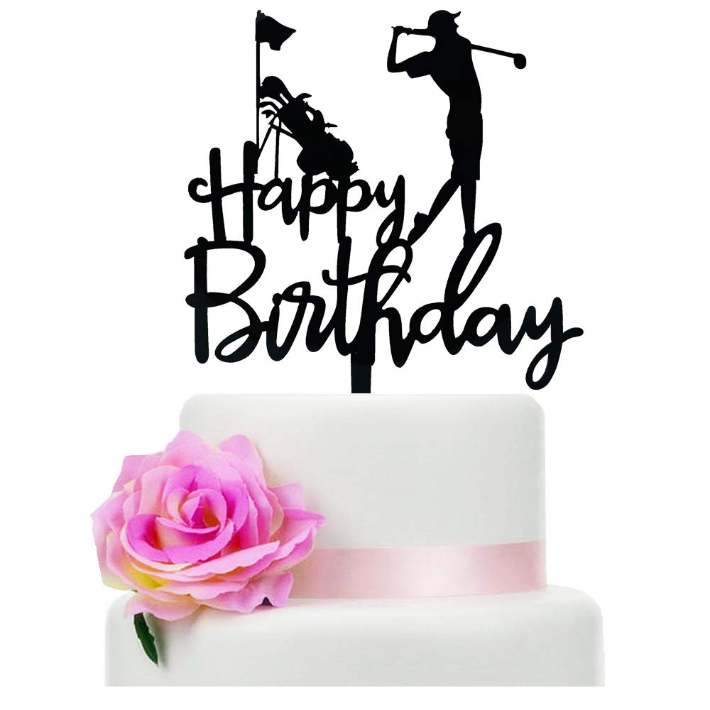 Golf Happy Birthday Cake Topper - Black Acrylic Birthday Decor for Men & Boys - Perfect for Golf Themed Parties, Father's Day, Retirement Celebrations