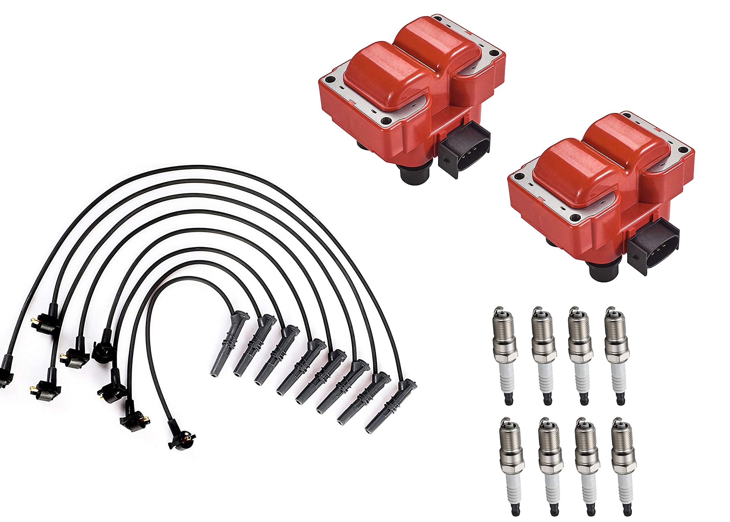 ENA Set of 2 High Performance Ignition Coils with 8 Platinum Spark Plugs & Wires - Compatible with Ford F-150 (1997-1999), Lincoln Town Car (1996-1997) 4.6L V8 - Replacement for FD487 - Improves Engine Power & Fuel Efficiency for Smooth Driving