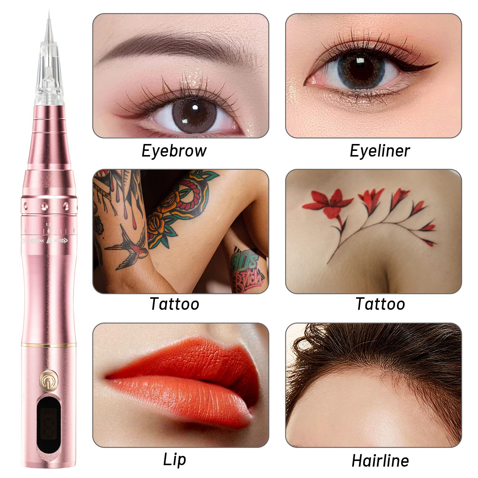 Professional Cordless Permanent Makeup Machine with Digital Display - PMU Tattoo Machine Kit Includes 2 Lithium Batteries & 10 PMU Needles (Rose Gold) | Ideal for Microblading, Eyebrow Tattooing & Cosmetic Procedures