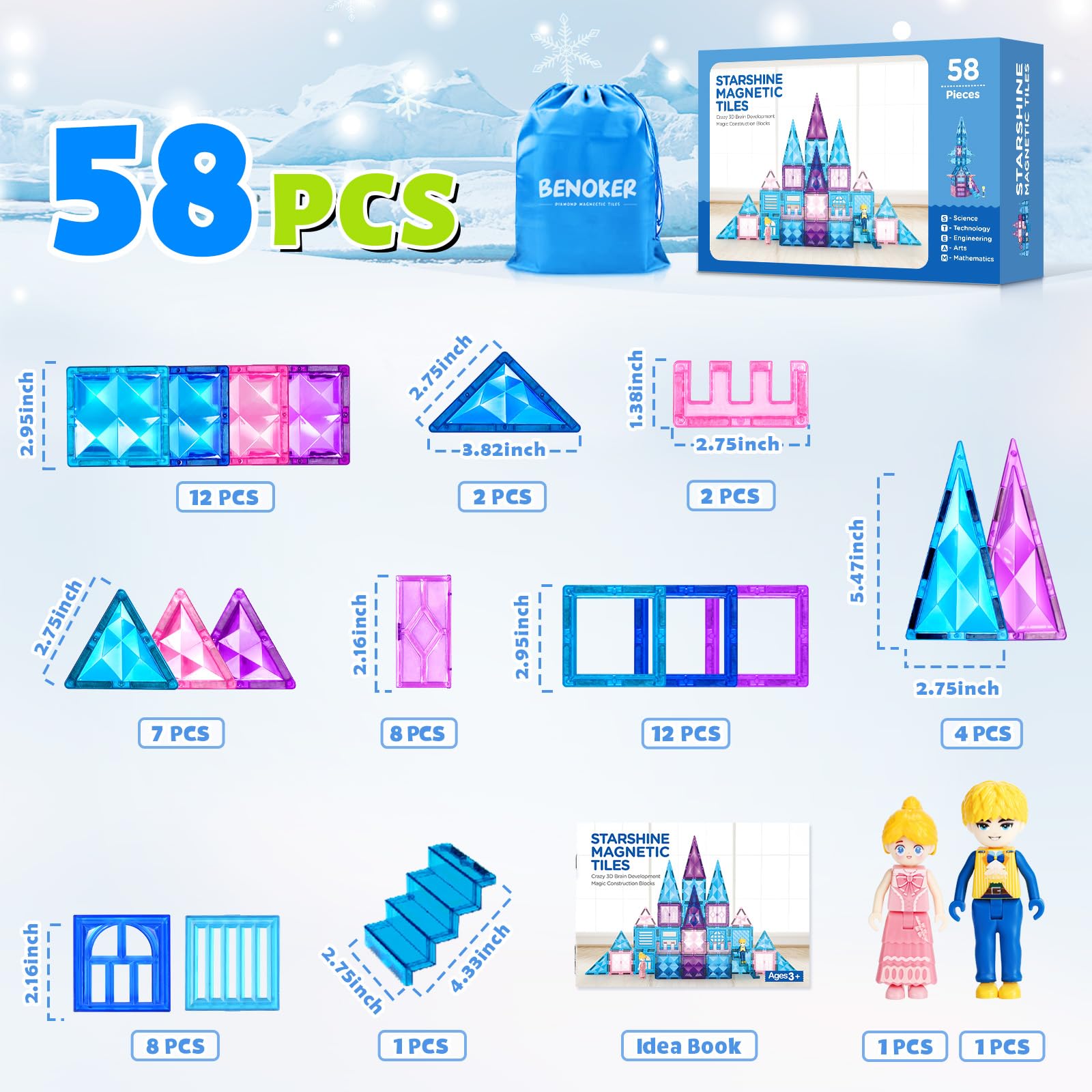 Frozen Castle Magnetic Tiles - 3D Diamond Building Blocks STEM Educational Toys for Kids Ages 3-8, Creative Construction Set for Pretend Play & Learning, Perfect Birthday Gift for Boys & Girls | Great for Preschool Classroom, Home Playroom & Indoor Activities