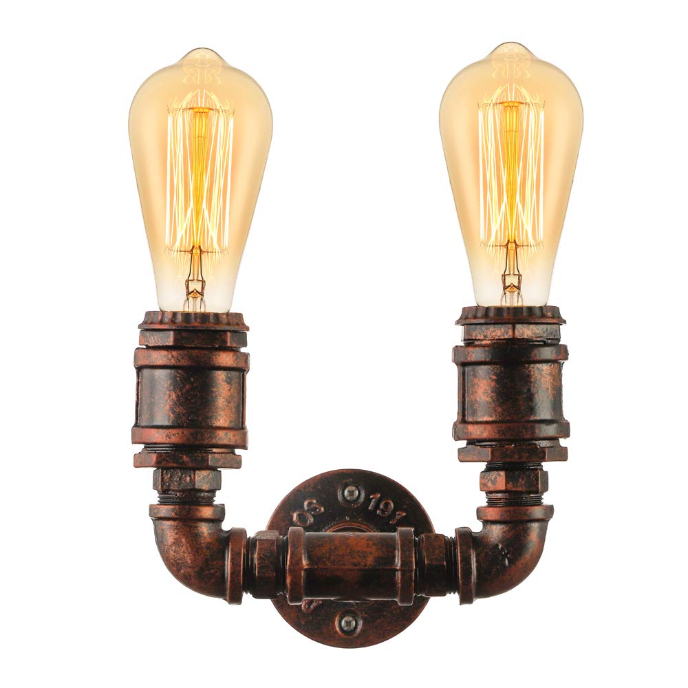 Vintage Industrial Wall Sconce - 2-Light Steampunk Pipe Design with Edison Bulbs & Copper Finish | Rustic Wall Mounted Lighting for Living Room, Bedroom, or Bar Decor