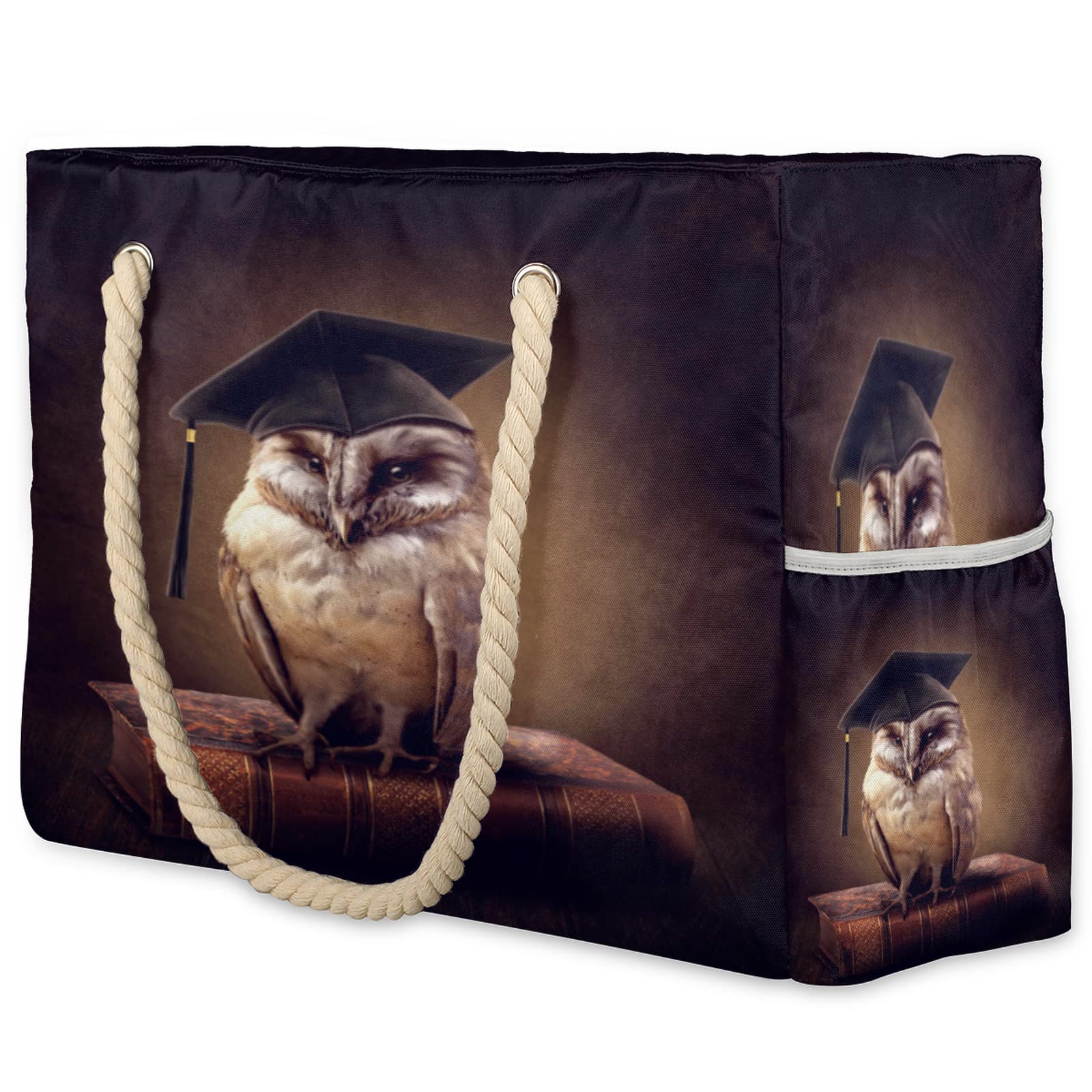 Large Waterproof Beach Tote Bag with Top Zipper - Spacious Sandproof Owl Print Shoulder Bag for Women, Perfect for Pool, Gym, Travel & Summer Outings | Durable Rope Handles & Doctor Hat Design