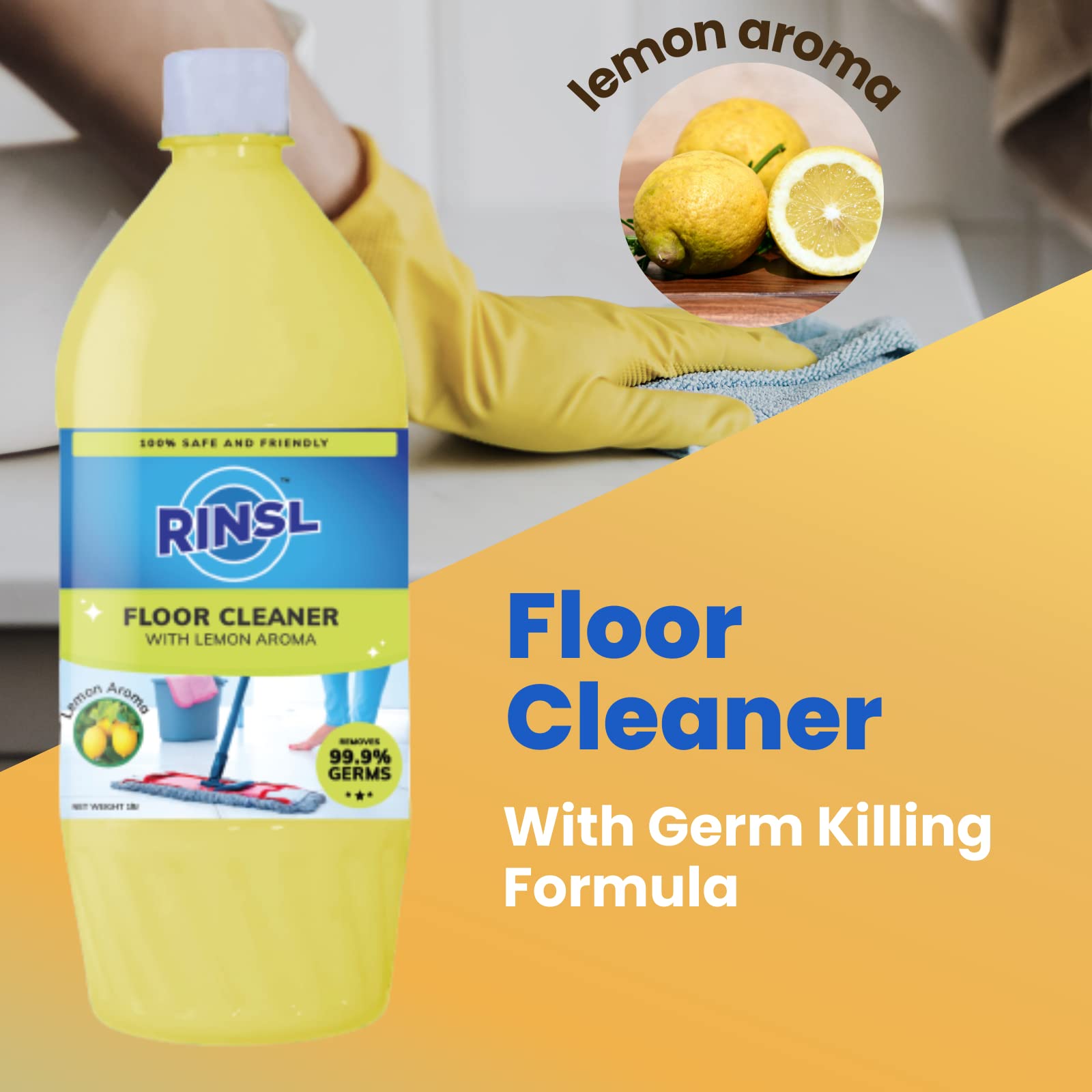 Rinsl Aroma Floor Cleaner - Lemon Scent 1 Liter | All-Natural Cleaning Solution for Hardwood, Tile & Laminate Floors | Fresh Citrus Fragrance for Home & Office Use