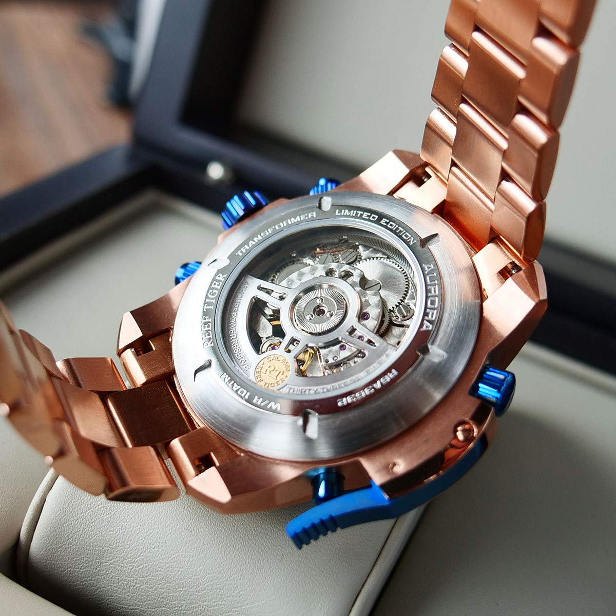 REEF TIGER Luxury Men's Mechanical Watch - Rose Gold Date Day Complicated Bracelet Watch RGA3503 | Perfect for Business, Formal Events & Gift Giving