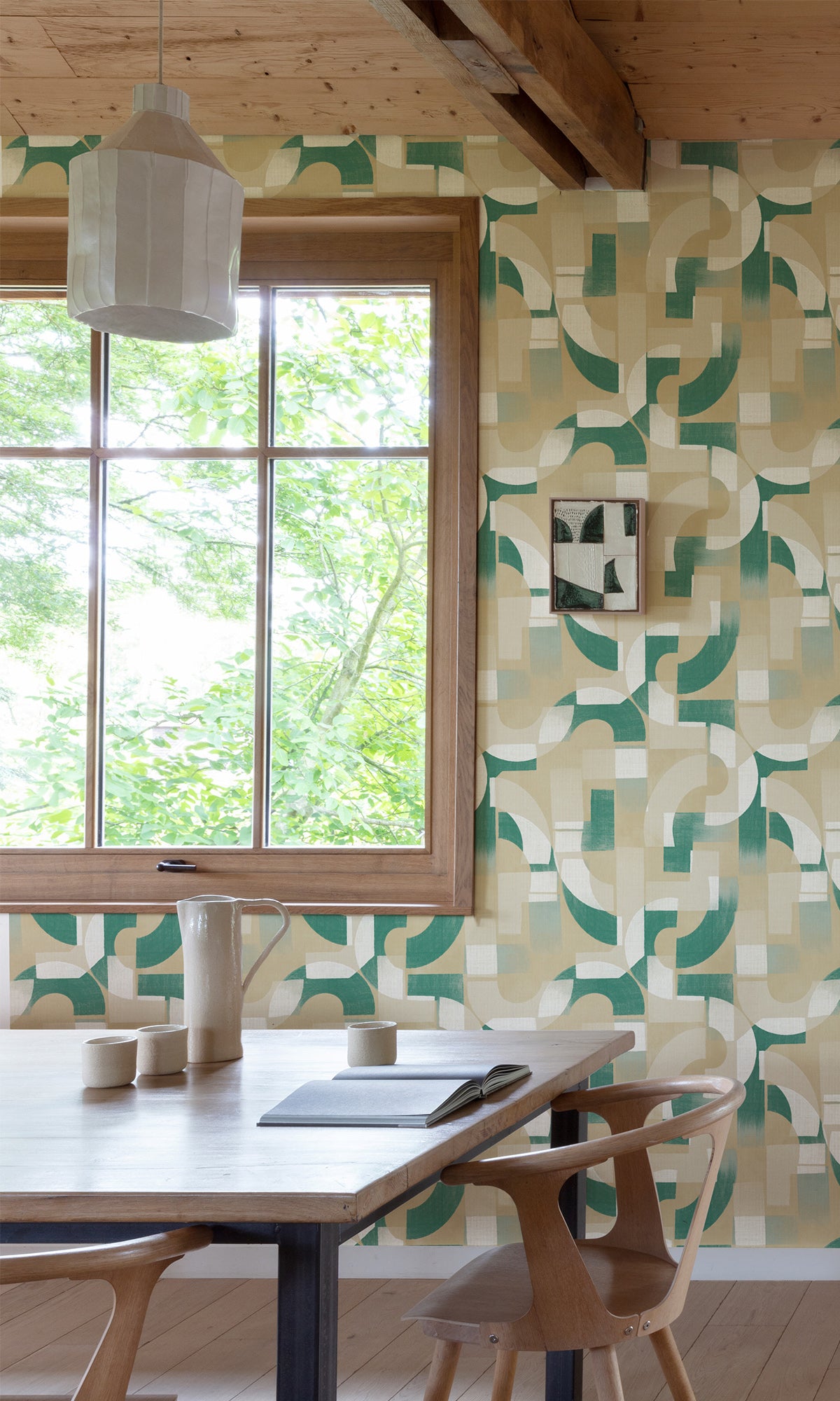 Bone & Viridian Green Geometric Collage Peel and Stick Wallpaper R9736 - Modern Self-Adhesive Wall Covering for Living Room, Bedroom, or Office Decor