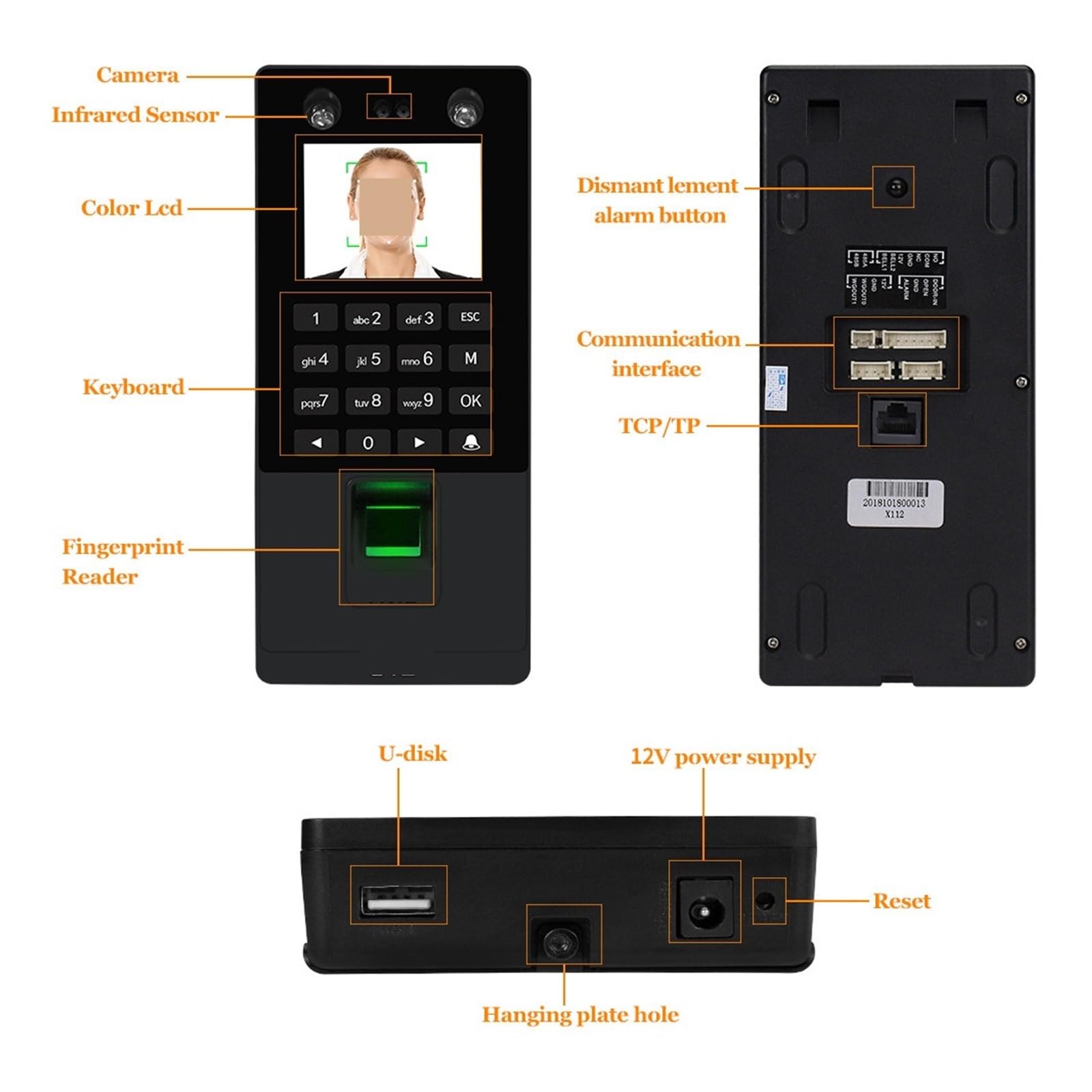 X112-K Biometric Facial Recognition & RFID Fingerprint Time Attendance System - Secure Access Control with Face, Password & Card Support | TCP/IP & USB Connectivity | Ideal for Offices, Schools & Smart Buildings