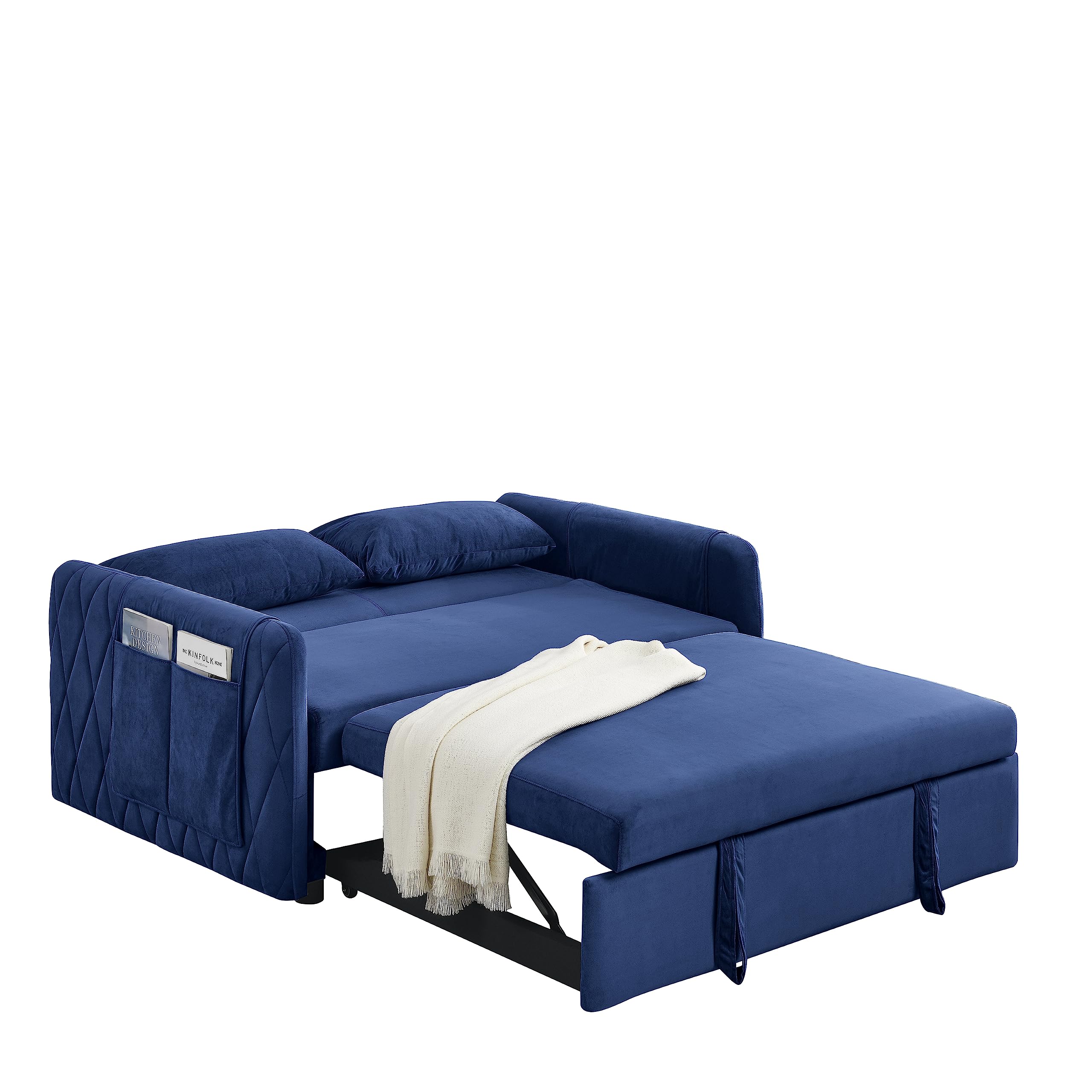 Velvet Loveseat Sleeper Sofa with Pull-Out Bed, Detachable Storage Pockets & Adjustable Backrest - Convertible Small Sectional Couch for Apartments & Living Rooms | Perfect for Studio Spaces, Guest Rooms & Cozy Lounging (Blue)