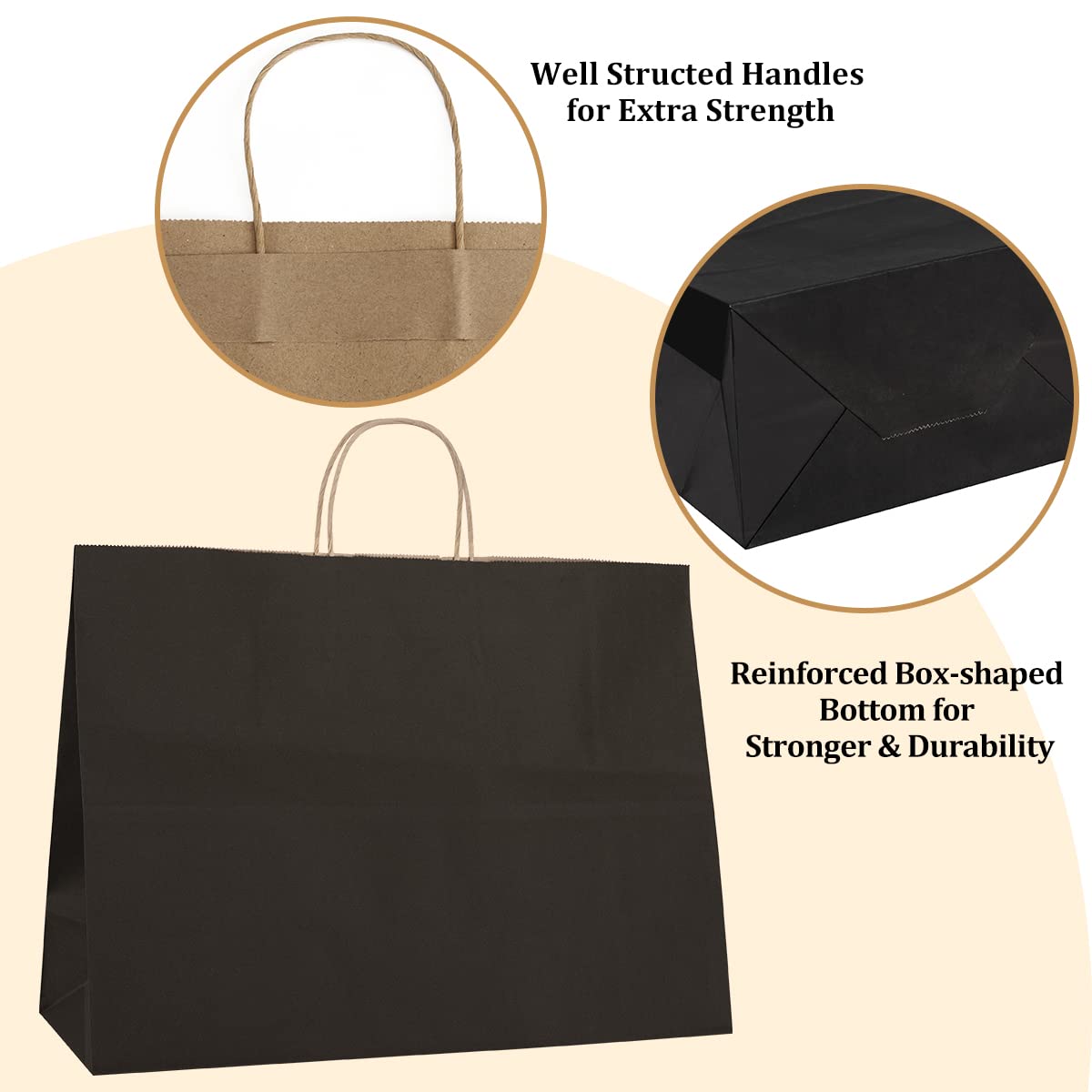 50 PCS Bulk 16x6x12 Kraft Paper Bags with Handles - Large Black Shopping Bags, Gift Bags & Tote Bags for Retail, Grocery, Small Business | Perfect for Merchandise Packaging, Party Favors & Eco-Friendly Shopping