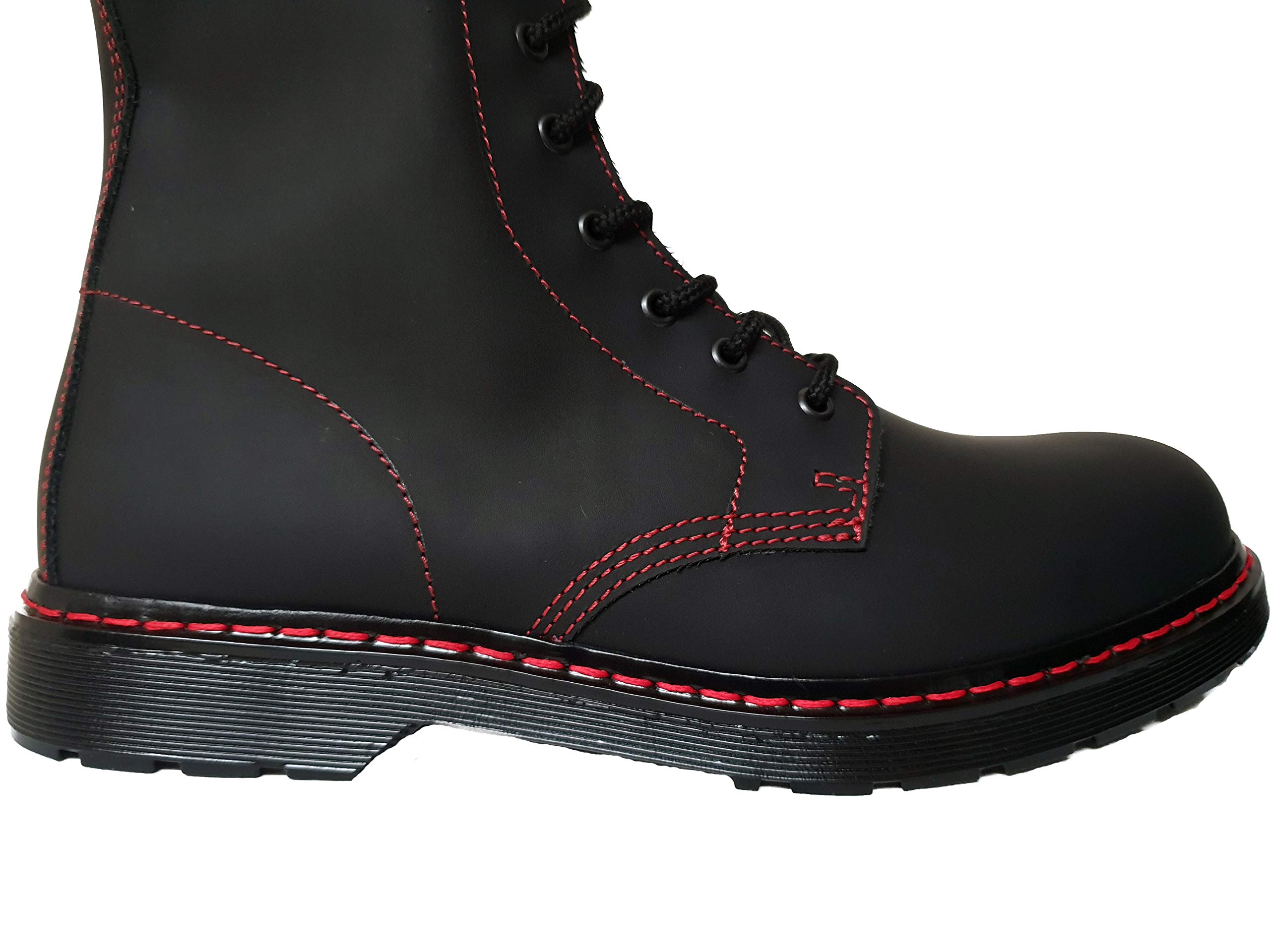Men's 8 Eye Matt Black Boots with Red Stitching - Premium Leather Combat Boots for Punk, Gothic & Workwear Fashion | Perfect for Motorcycle Riding, Concerts & Everyday Wear