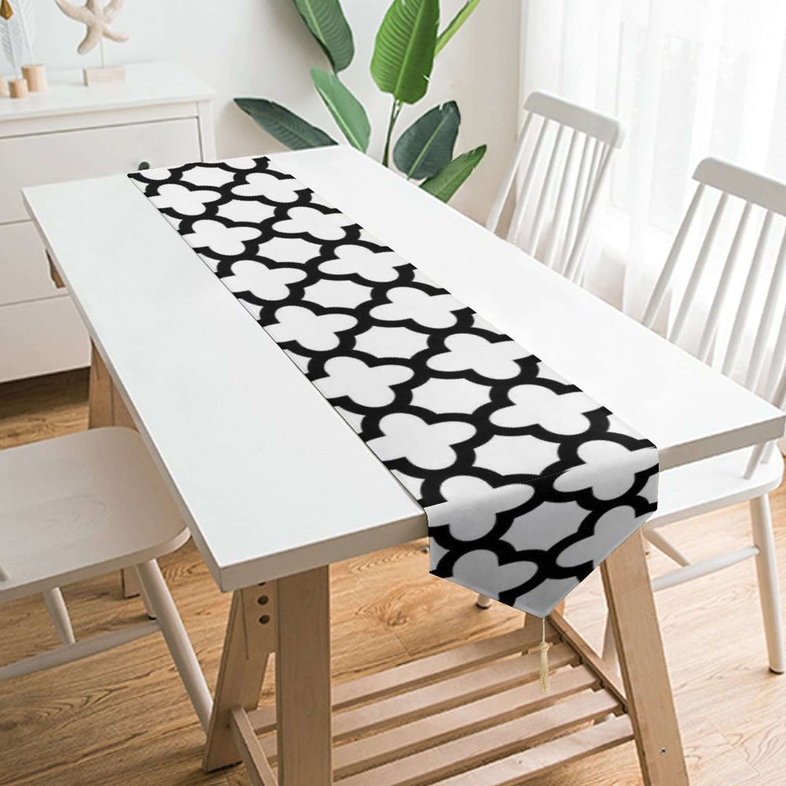 Tiukiu Black and White Quatrefoil Table Runner - 79x13 Inch Farmhouse Dining Table Decor for Kitchen, Dinner Parties, Weddings & Holiday Events | Perfect for Farmhouse, Rustic, and Vintage Home Decor