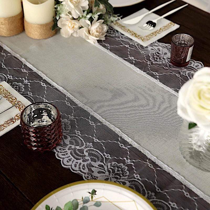 16x108 Faux Burlap with Lace Table Runner - Elegant Farmhouse Dining Decor for Weddings, Parties & Holiday Tablescapes