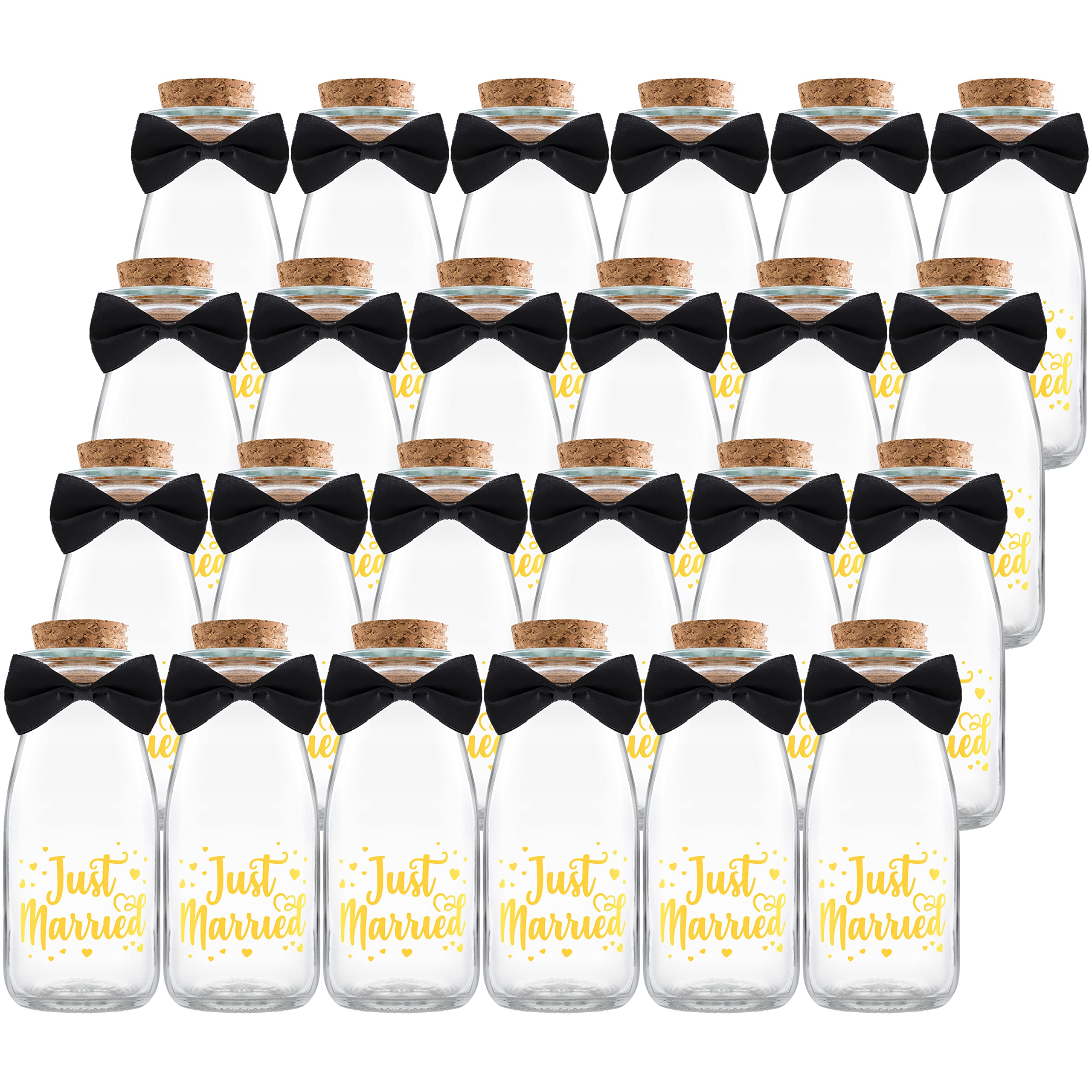 25 Pack Gold Glass Bottles for Wedding Favors - Elegant Bulk Glass Bottles with Black Bowtie & Thank You Stickers - Perfect for Wedding Reception, Bridal Shower & Anniversary Party Gifts