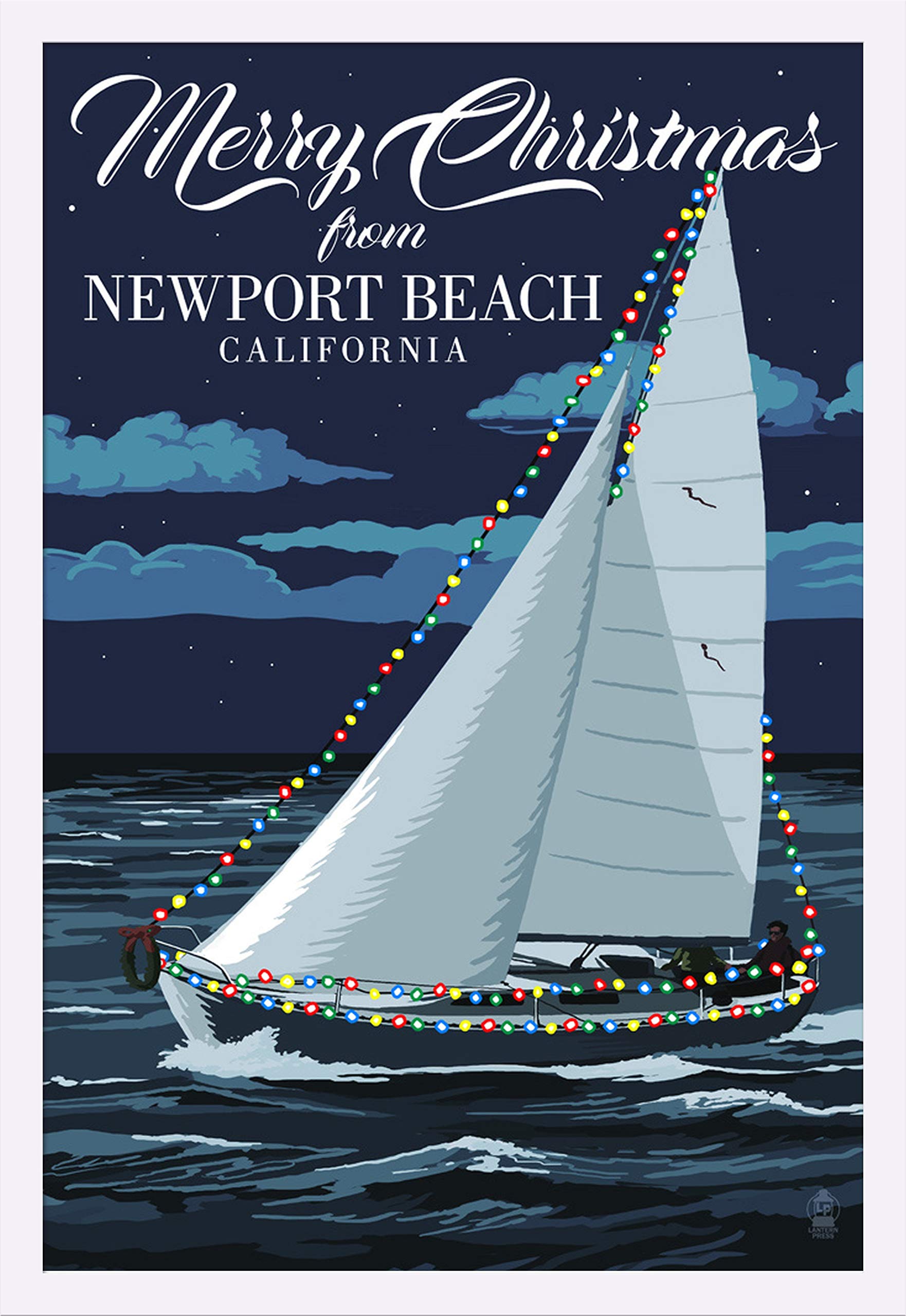 Christmas Lights Sailboat Art Print - 24x36 Giclee Gallery Framed in White Wood - Newport Beach California Holiday Decor - Perfect for Living Room, Bedroom or Office Wall Art