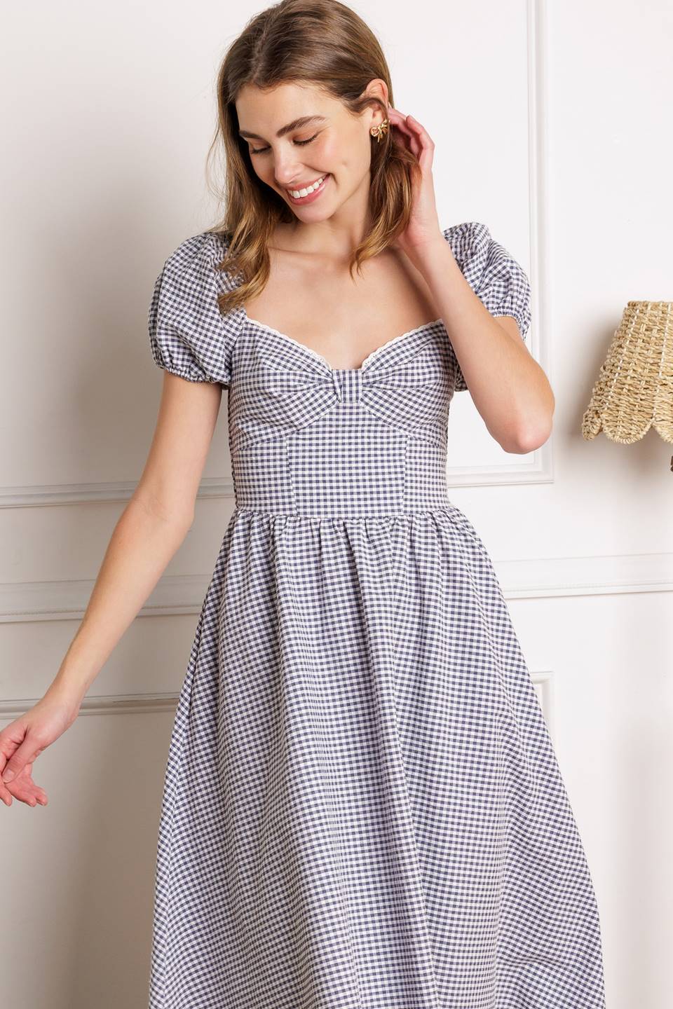 DOROTHY'S DREAM Navy Blue Gingham Puff Sleeve Midi Dress - Perfect for Summer Picnics, Garden Parties & Casual Outings