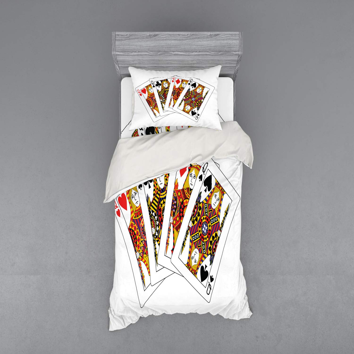 Ambesonne Queen Size 3-Piece Duvet Cover Set - Poker Playing Cards Design with Hearts & Spades - Black Red Yellow Gambling Theme Bedding - Includes Sham & Fitted Sheet - Perfect for Casino-Themed Bedrooms or Poker Lovers' Home Decor