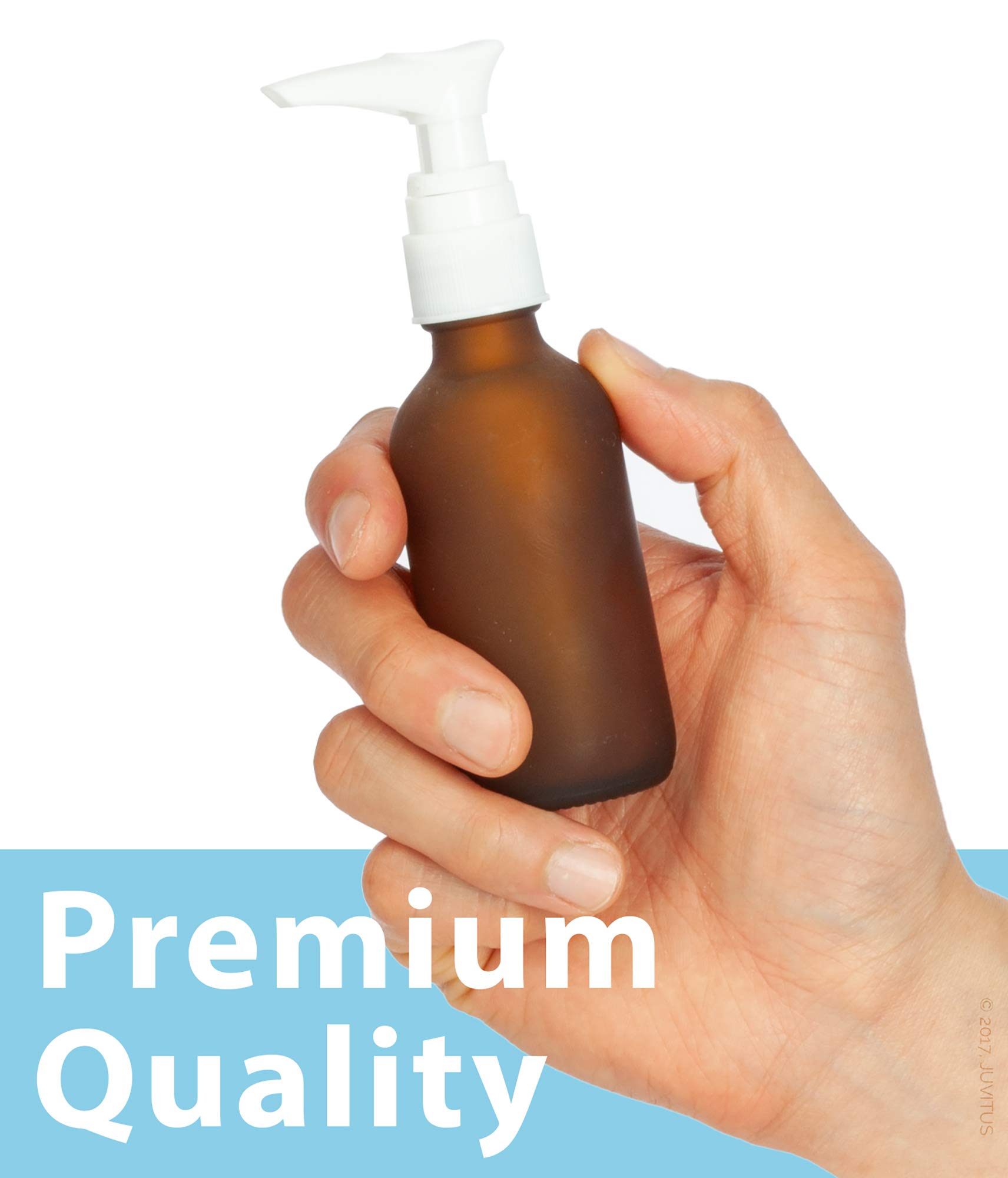 JUVITUS 12 Pack 2 oz (60 ml) Empty Frosted Amber Glass Boston Round Bottles with White Lotion Pump - Refillable Dispenser for Essential Oils, Lotions, Serums | Perfect for DIY Skincare, Travel Size Products & Home Organization