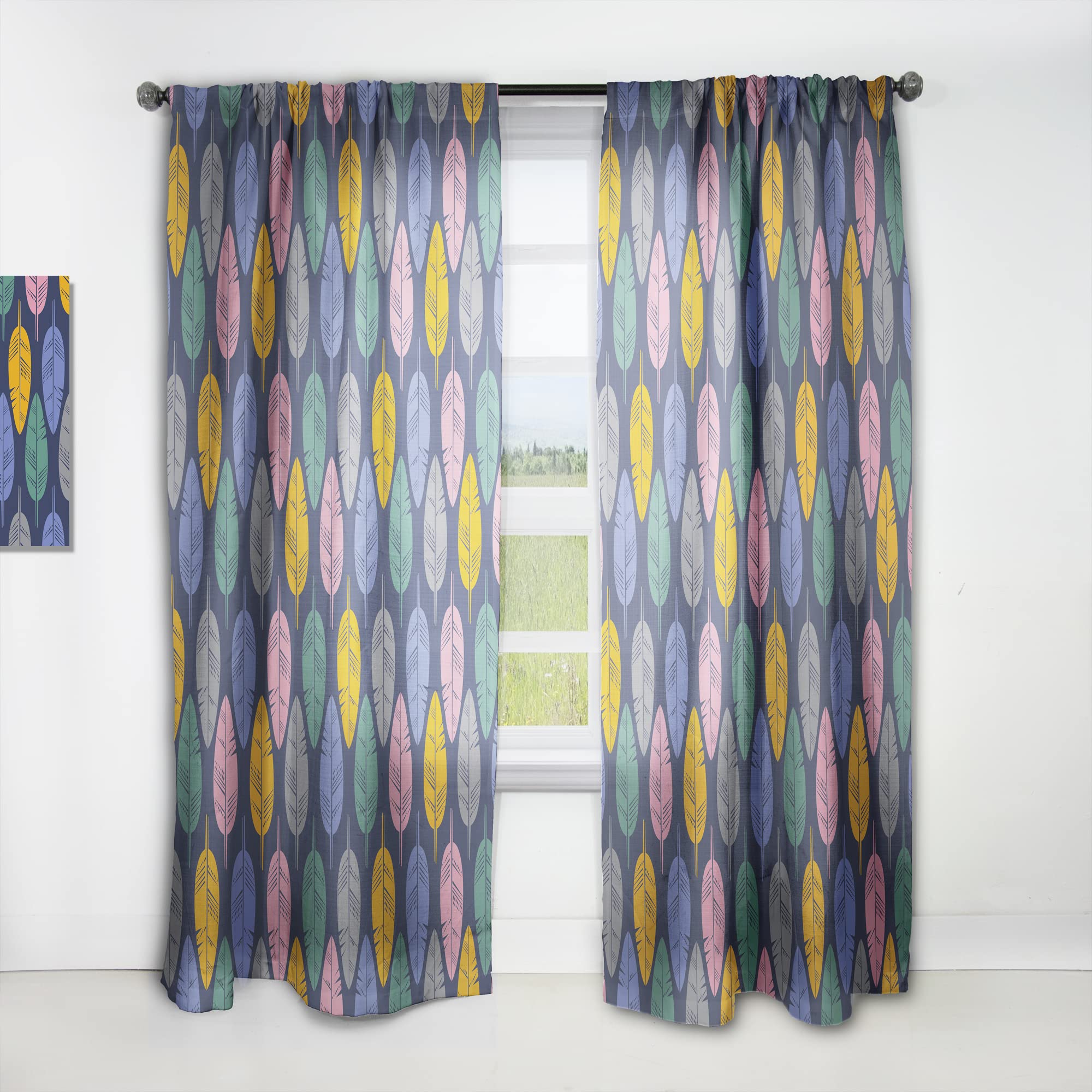 DesignQ Thermal Insulated Curtains - Multicolored Feather Pattern, Single Panel 52x95 Inch - Blackout Drapes for Bedroom & Living Room - Perfect for Privacy, Light Control & Energy Efficiency