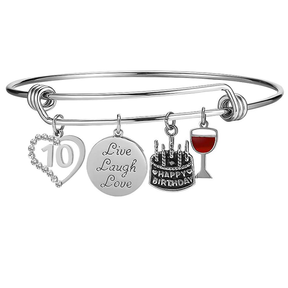 RUXIANG Stainless Steel Expandable Bangle Bracelet - Birth Year 10 to 99 Charms - Elegant Women's Birthday Gift for Mom, Daughter, Wife - Perfect for Anniversaries, Graduations & Special Occasions