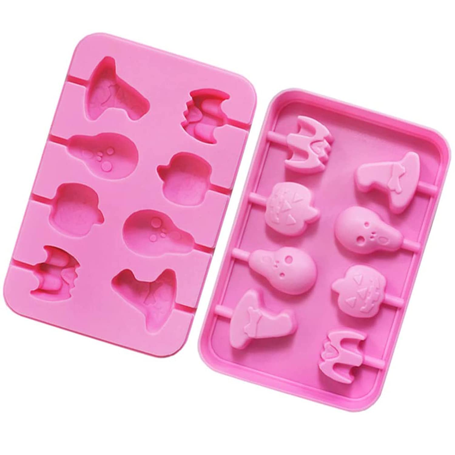 Premium Silicone Halloween Candy Molds - 2x8 Cavity Chocolate Lollipop Molds Set with Bat, Pumpkin, Ghost & Witch Hat Designs | DIY Holiday Treats for Halloween & Christmas Parties | Includes Lollipop Sticks for Easy Candy Making at Home