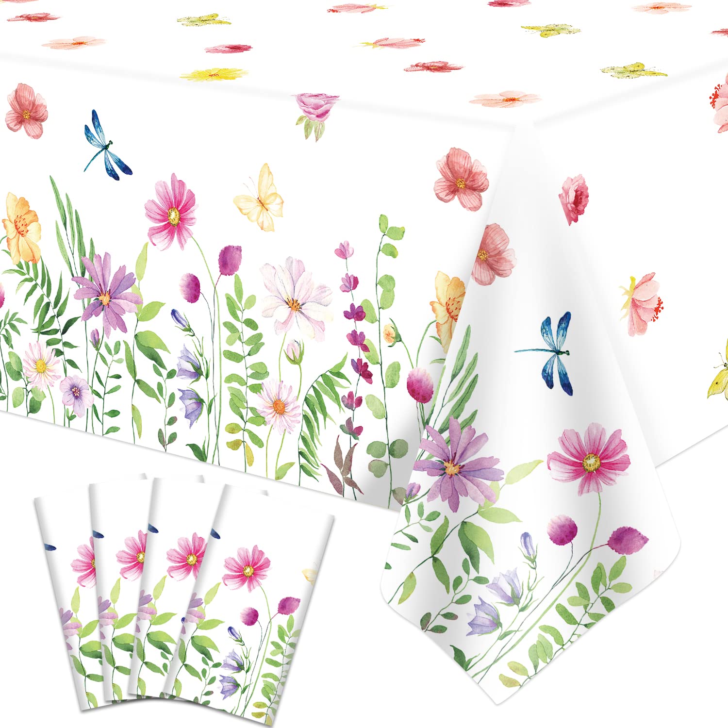 4 Pack Spring Floral Tablecloth - 51 x 86 Inch Wild Flower Disposable Plastic Table Cover for Wedding, Baby Shower, Birthday Party Decorations - Perfect for Outdoor Picnics, Garden Parties & Spring Celebrations