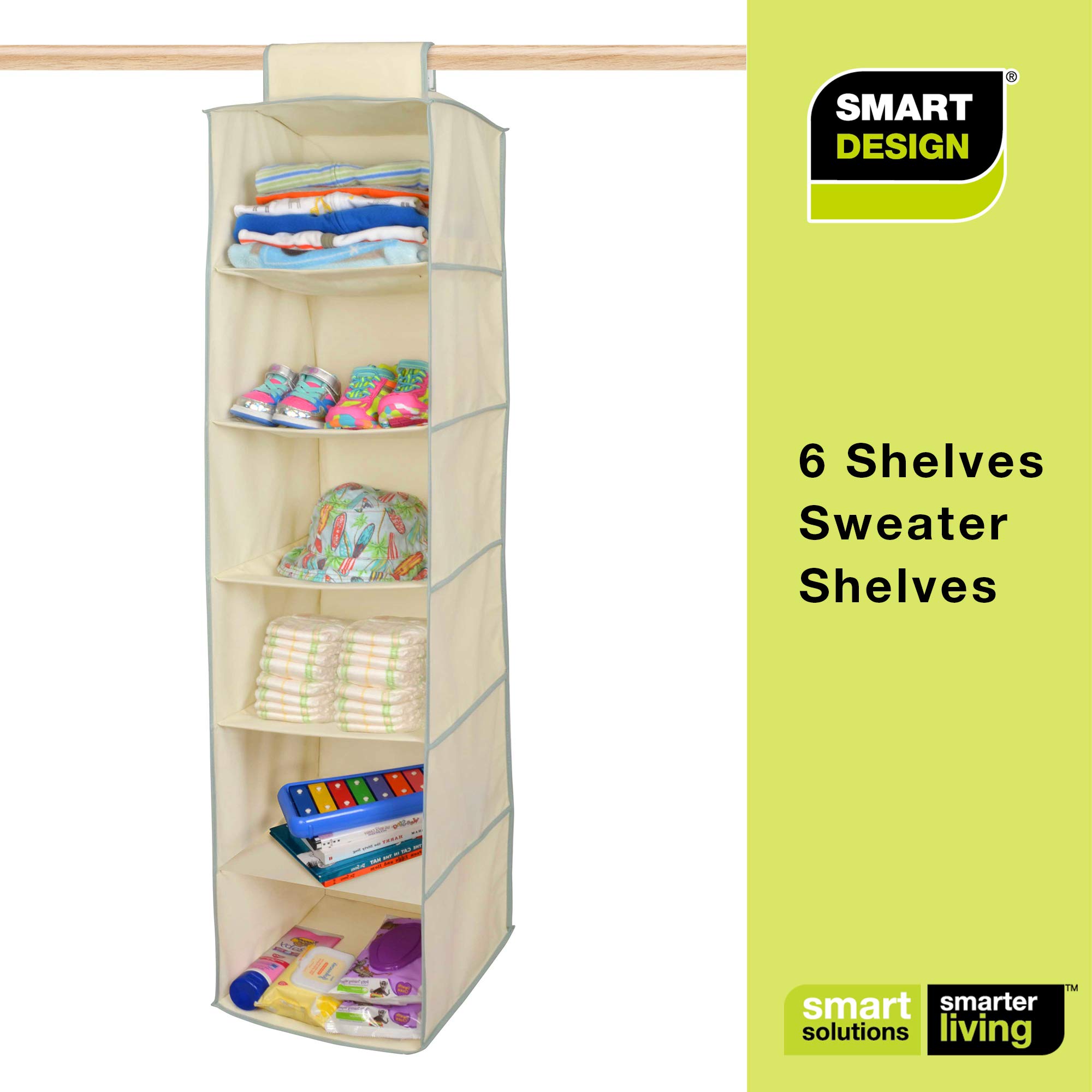 Smart Design 6-Tier Shelf Cubby Hanging Organizer with Hook & Loop - VentilAir Breathable Material for Clothing, Accessories & Closet Storage - Beige with Slate Trim - Perfect for Bedroom, Bathroom & Home Organization