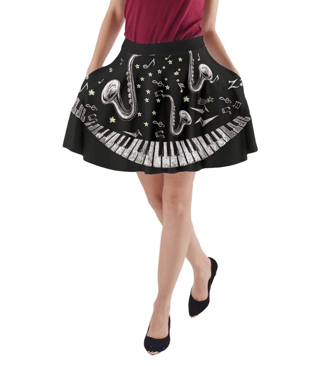 CowCow Women's Music Notes Treble Clef A-Line Skirt with Pockets - XS to 3XL Sizes - Perfect for Concerts, Music Festivals & Casual Wear