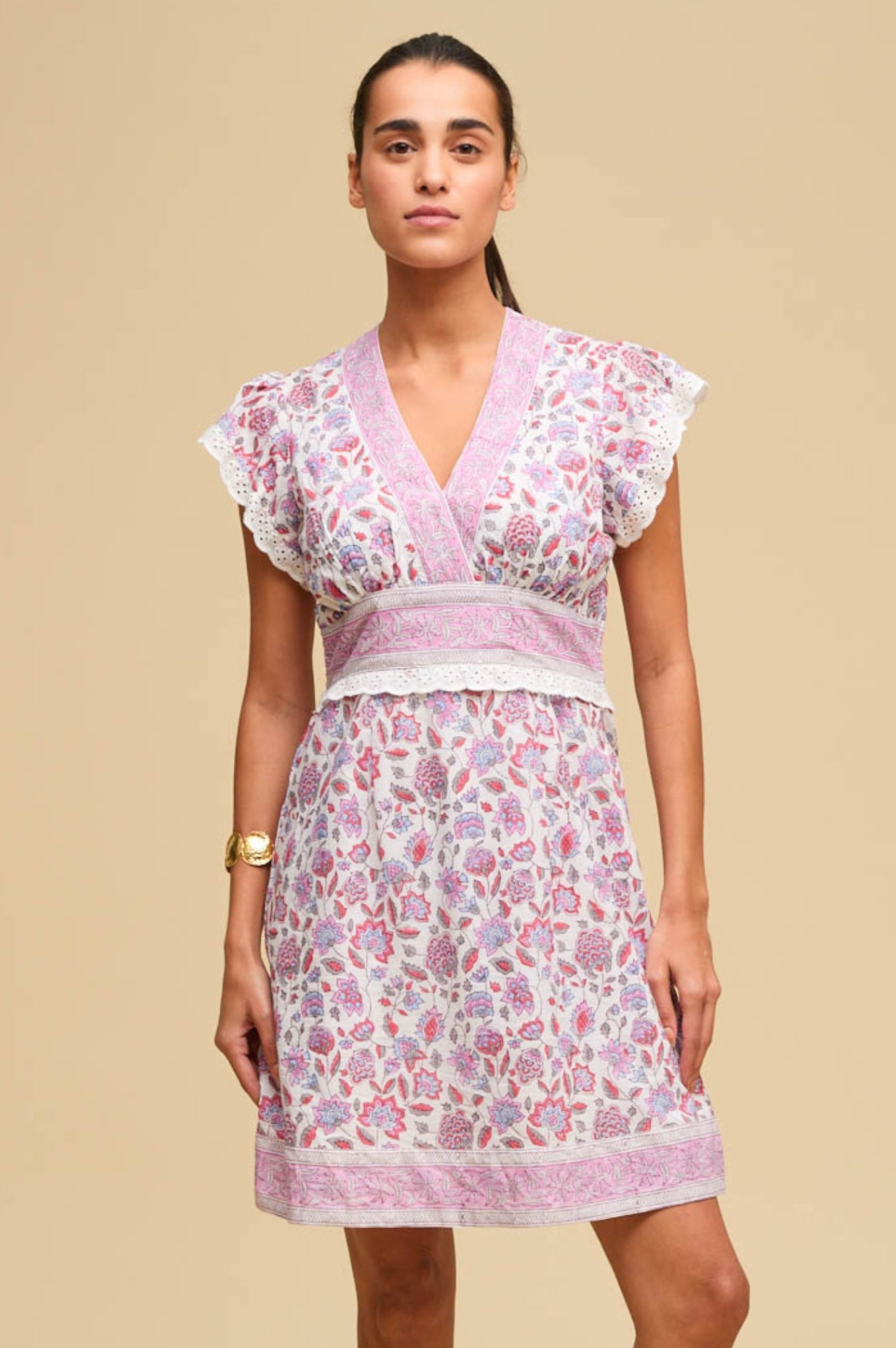 Pippa Block Print Mini Dress - Floral Summer Dress for Women | White & Pink | Perfect for Beach, Vacation & Casual Outings