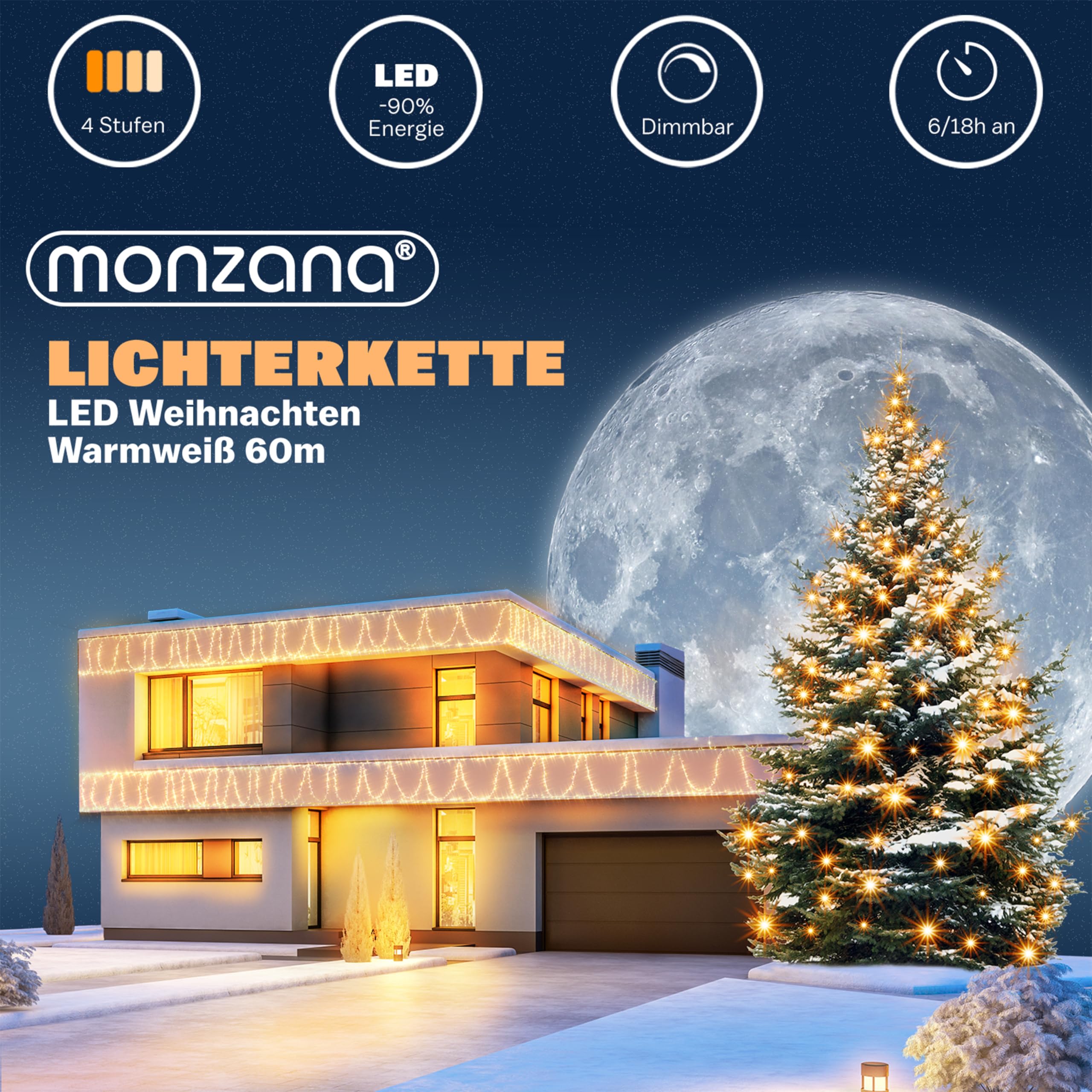 MONZANA® 600 LED String Lights 60m with Remote Control & Timer - 8 Modes, Dimmable, IP44 Waterproof for Indoor/Outdoor Use - Christmas Lights, Party Decor, Garden, Patio, Wedding Warm White Lighting