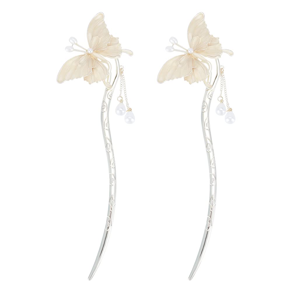Butterfly Pearl Hair Chopsticks - 2 Pack Chinese Metal Hair Sticks for Women & Girls | Elegant Chignon Hair Clip & Hair Accessories for Weddings, Parties & Daily Styling