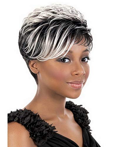 Short Synthetic Wigs for Black Women - Highlight White & Black Curly Wigs | African American Women's Wigs | Perfect for Daily Wear, Cosplay & Special Occasions