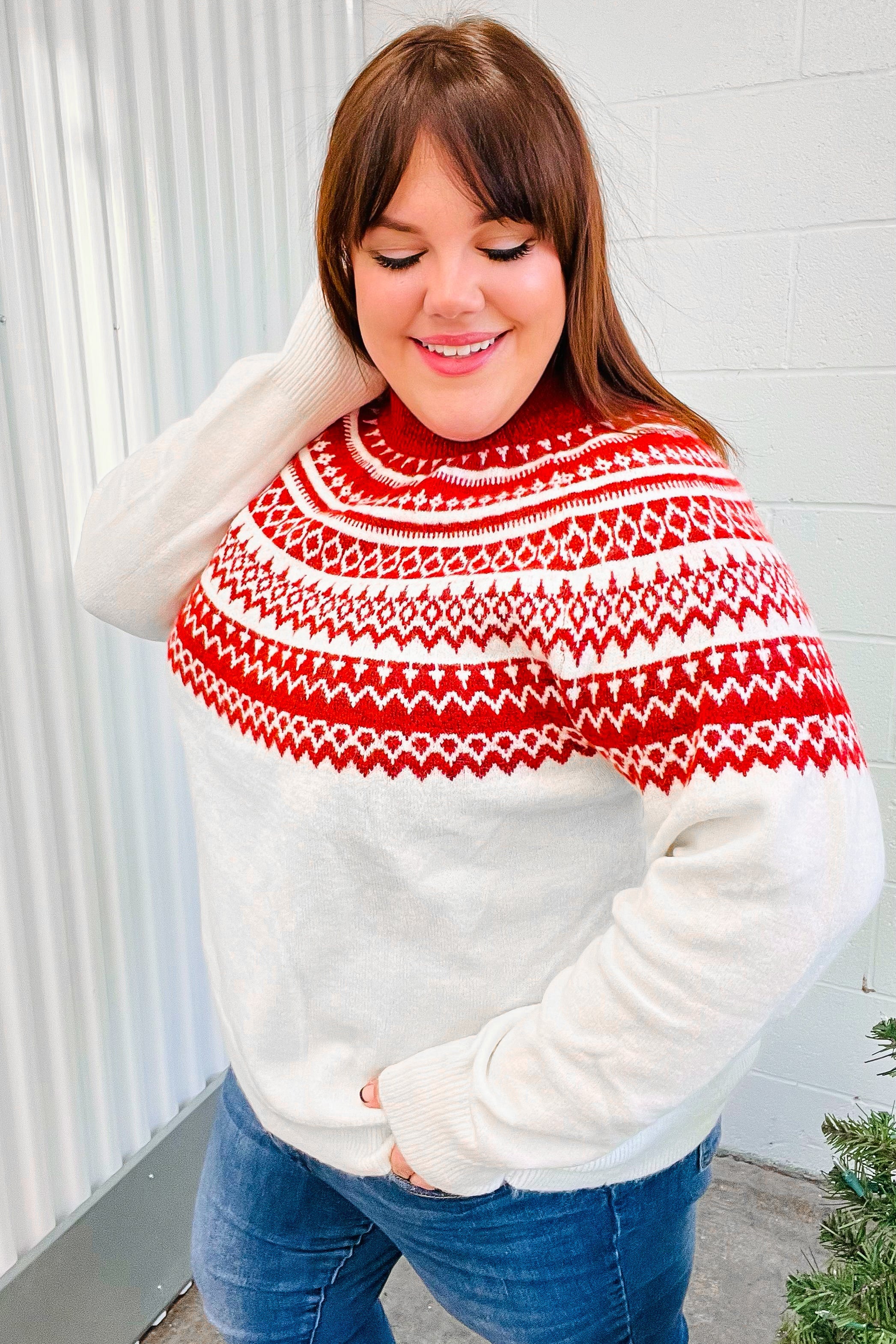 Festive Ivory & Red Fair Isle Mock Neck Sweater - Cozy Christmas Holiday Knitwear for Women, Perfect for Winter Parties & Family Gatherings