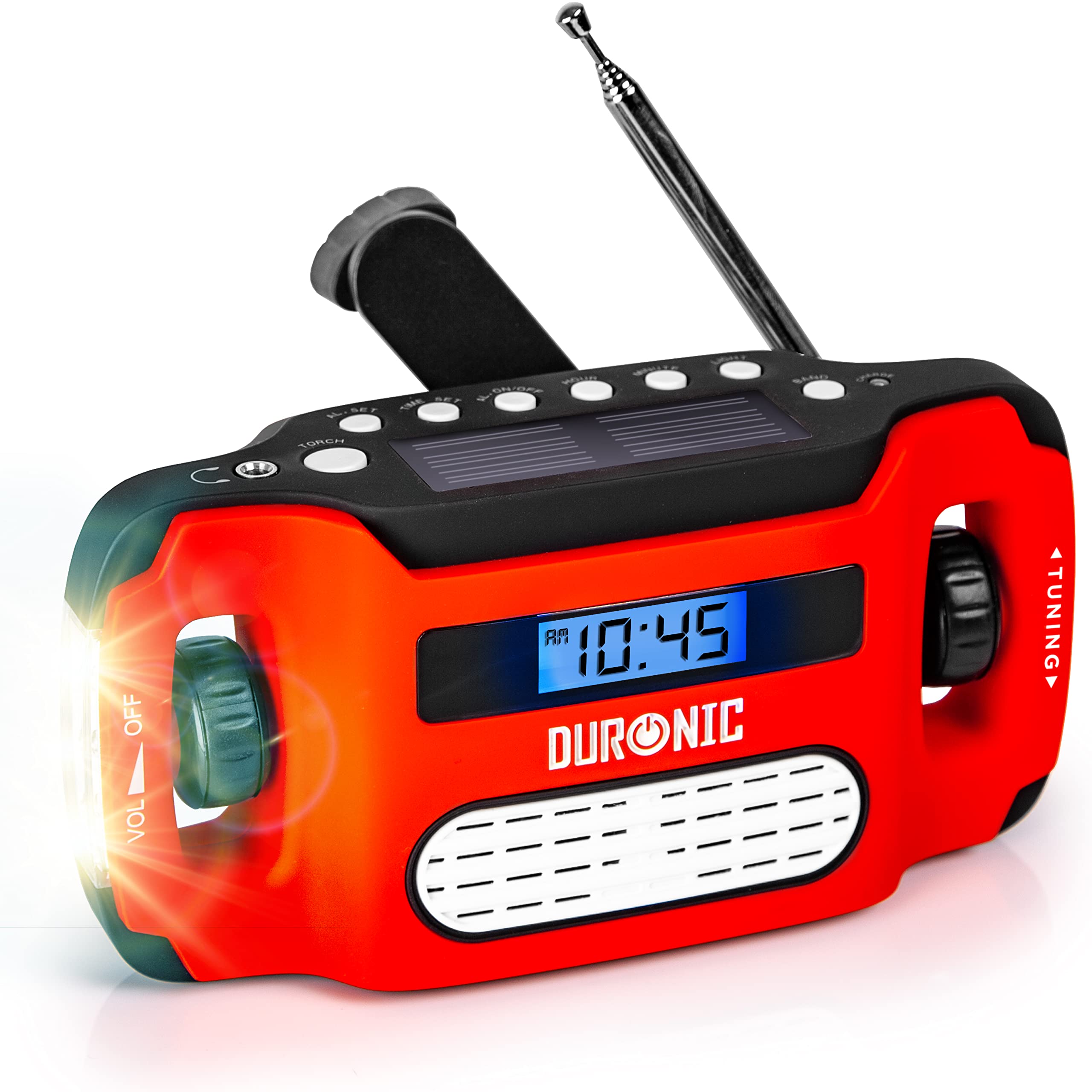 Duronic Solar Powered Flashlight & AM/FM Radio - Rechargeable, Portable, 3 Charging Methods (Solar, Hand Crank, Battery-Free) with Adjustable Antenna | Perfect for Camping, Hiking, Emergencies & Outdoor Adventures