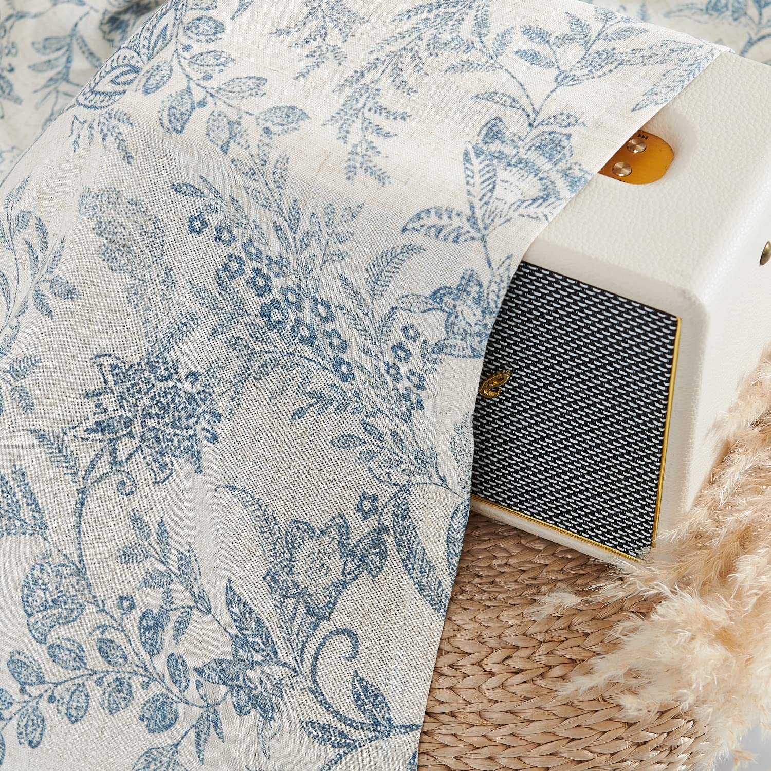 Jinchan Floral Kitchen Curtains 24 Inch - Linen Tier Farmhouse Cafe Curtains for Small Windows | Rustic Botanic Rod Pocket Design in Blue on Beige | Perfect for Country Kitchen, Laundry Room, Bathroom & RV Decor (Set of 2 Panels)