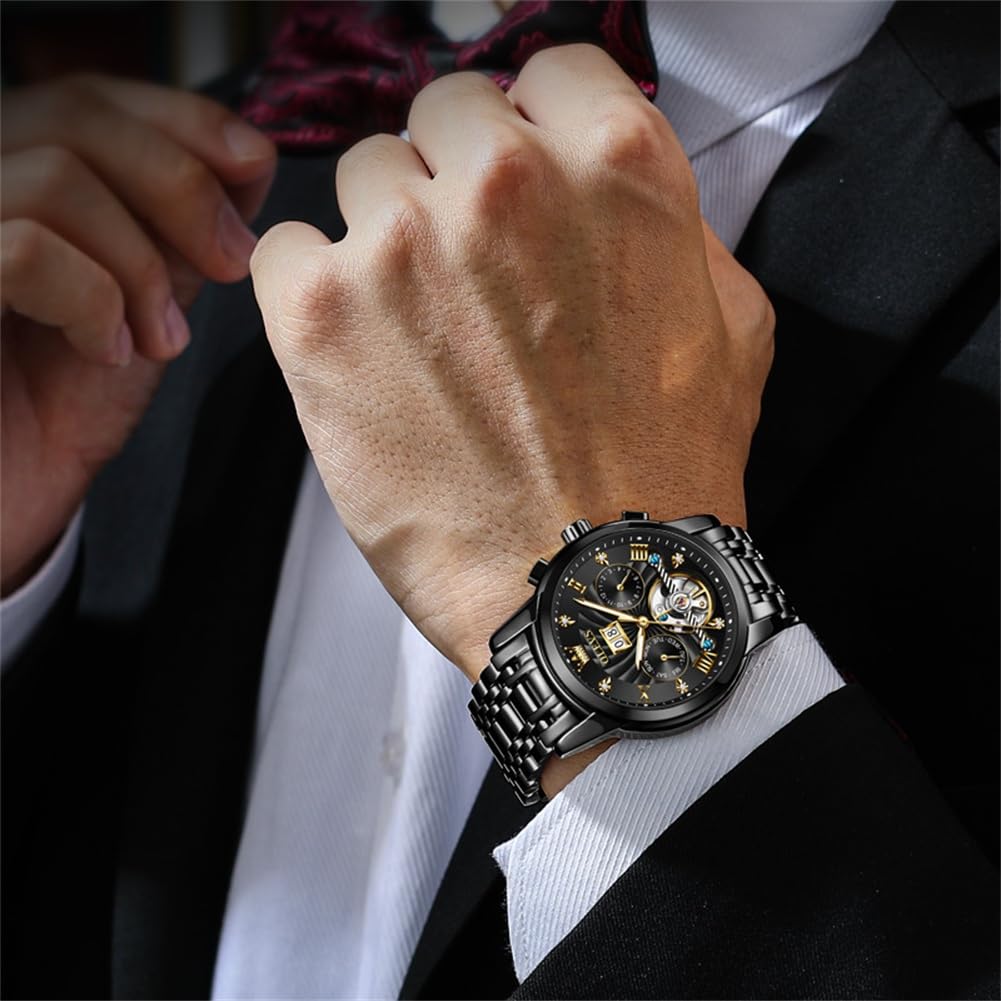 OLEVS Men's Automatic Mechanical Tourbillon Watch - Self Winding Luxury Stainless Steel Waterproof Wristwatch with Luminous Hands & Date Display | Perfect for Business, Formal Events & Everyday Wear